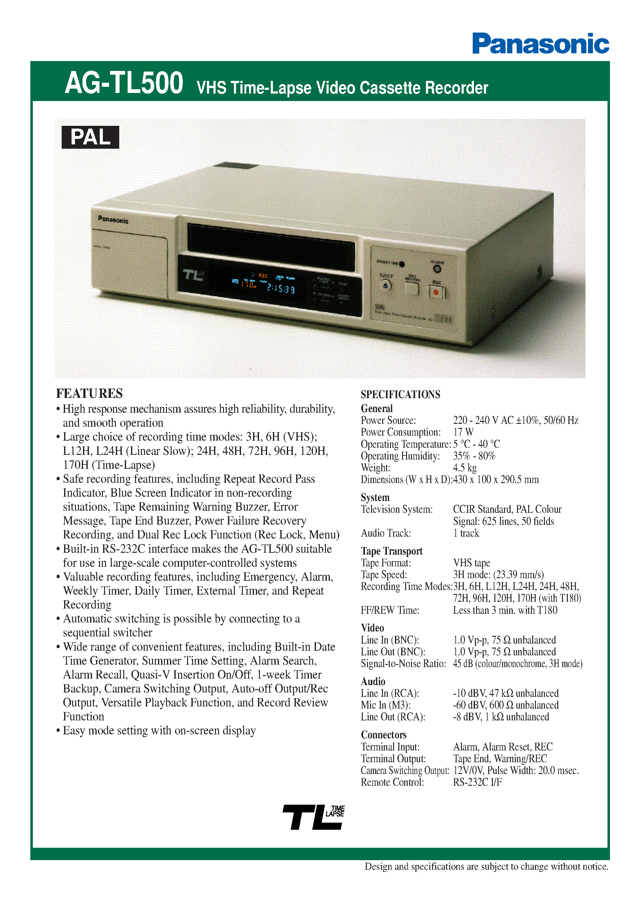 Datasheet AG-TL500 - VHS Time-Lapse Video Cassette Recorder page 1