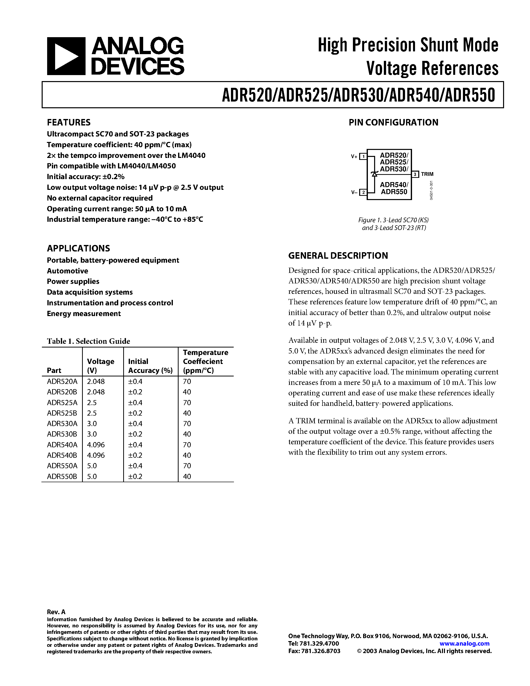 Datasheet ADR550BRT-R2 - High Precision Shunt Mode Voltage References page 1