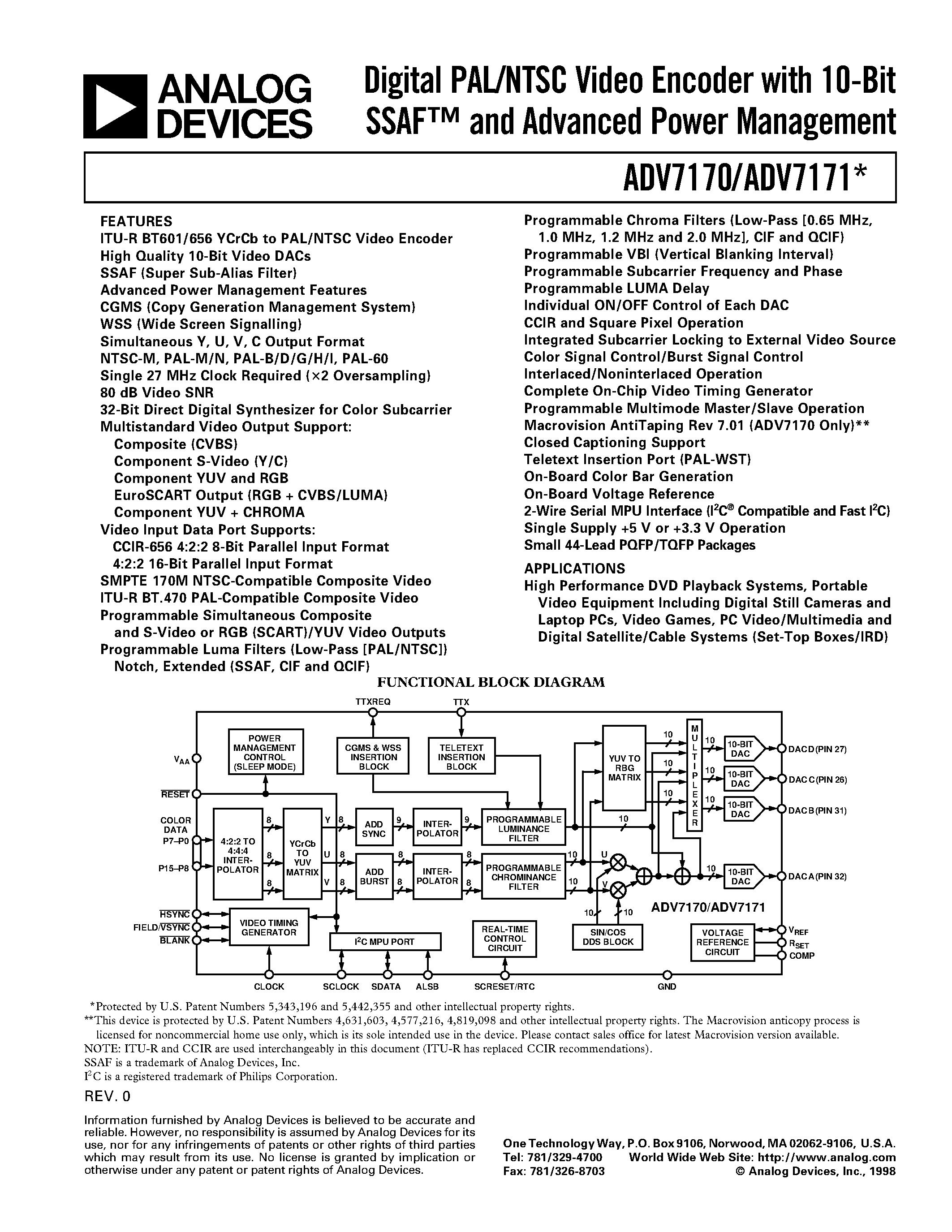 Даташит ADV7170 - Digital PAL/NTSC Video Encoder with 10-Bit SSAF and Advanced Power Management страница 1