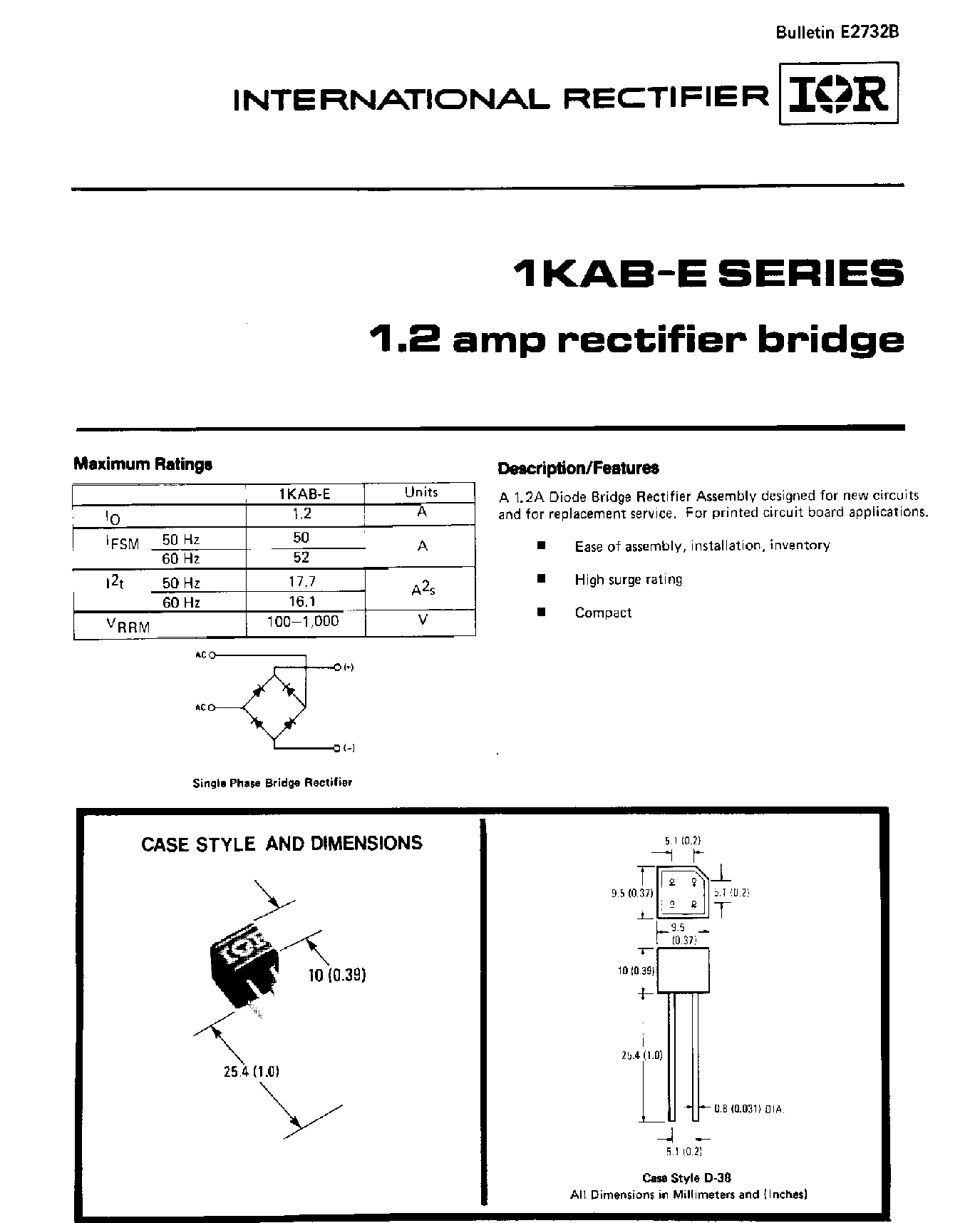 Даташит 1KAB-E - 1.2 amp rectifier bridge страница 1