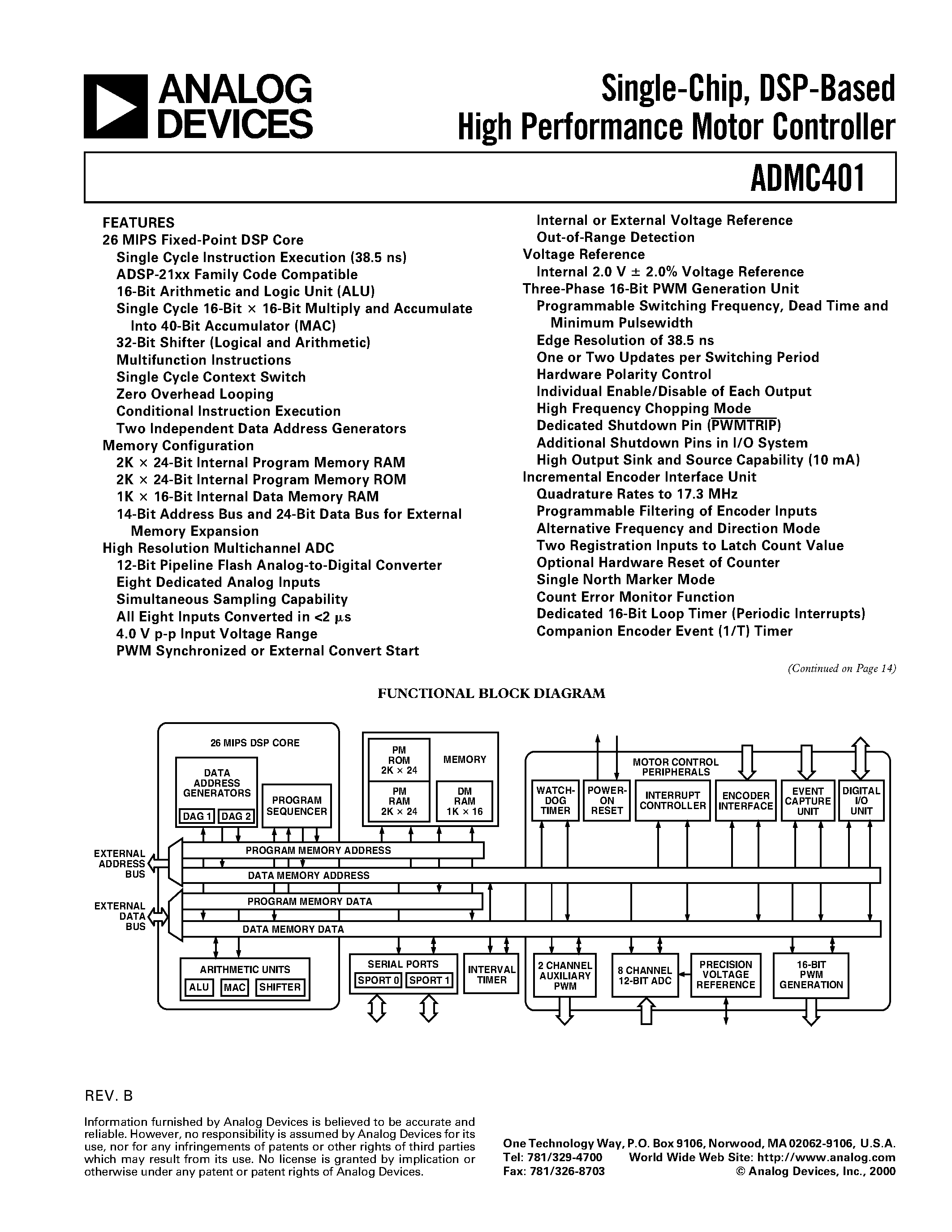 Даташит ADMC401-ADVEVALKIT - Single-Chip/ DSP-Based High Performance Motor Controller страница 1