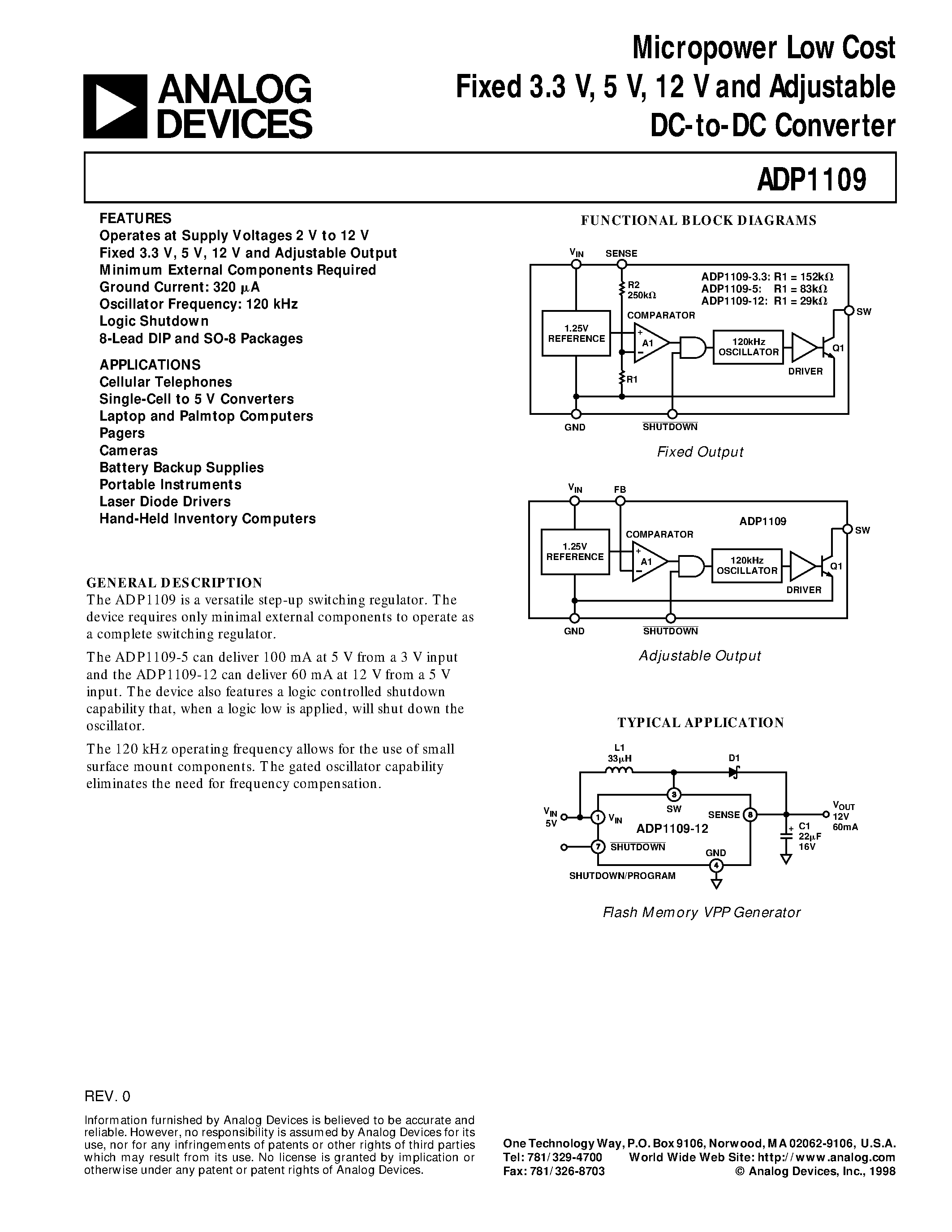 Даташит ADP1109AN-5 - Micropower Low Cost Fixed 3.3 V/ 5 V/ 12 V and Adjustable DC-to-DC Converter страница 1