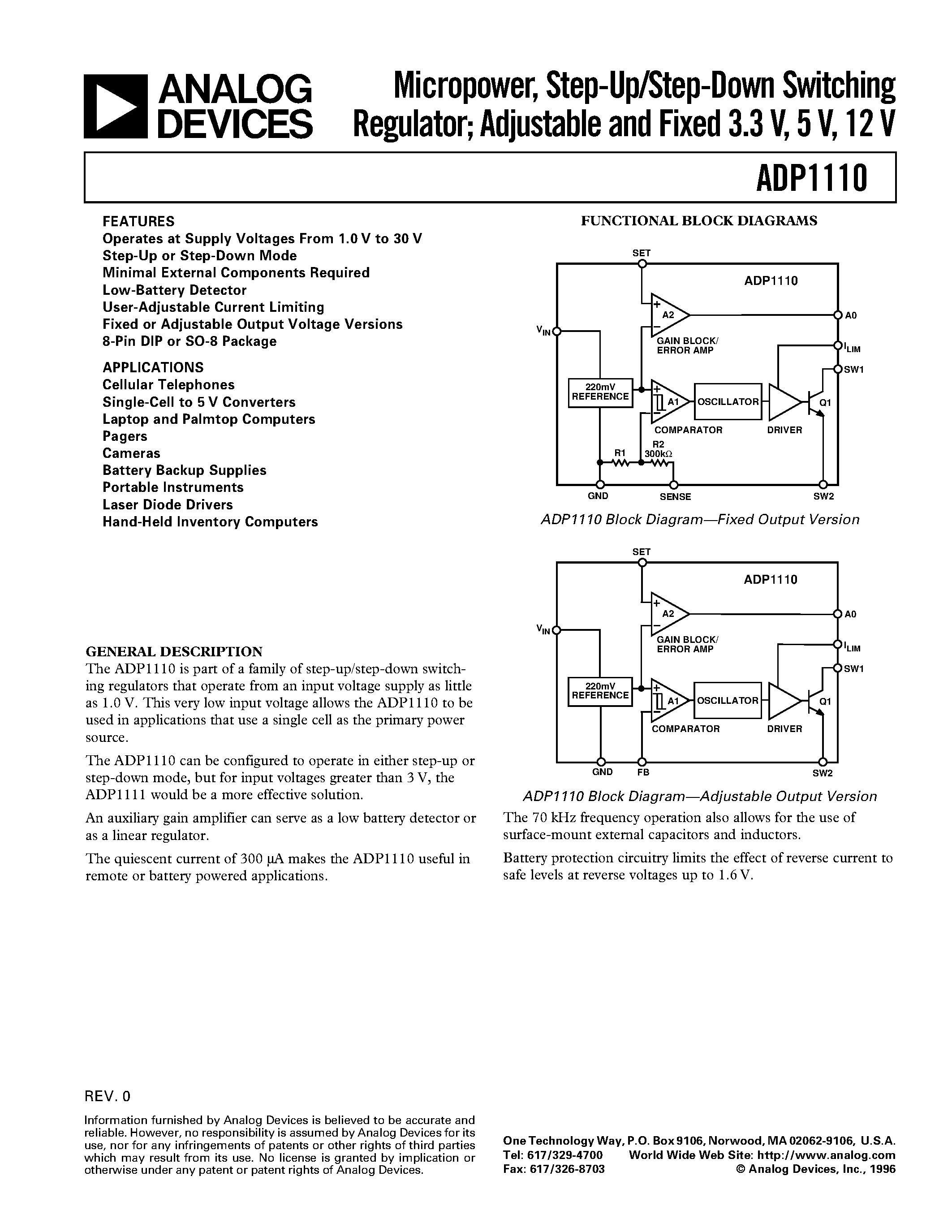 Даташит ADP1110AR-5 - Micropower/ Step-Up/Step-Down Switching Regulator; Adjustable and Fixed 3.3 V/ 5 V/ 12 V страница 1