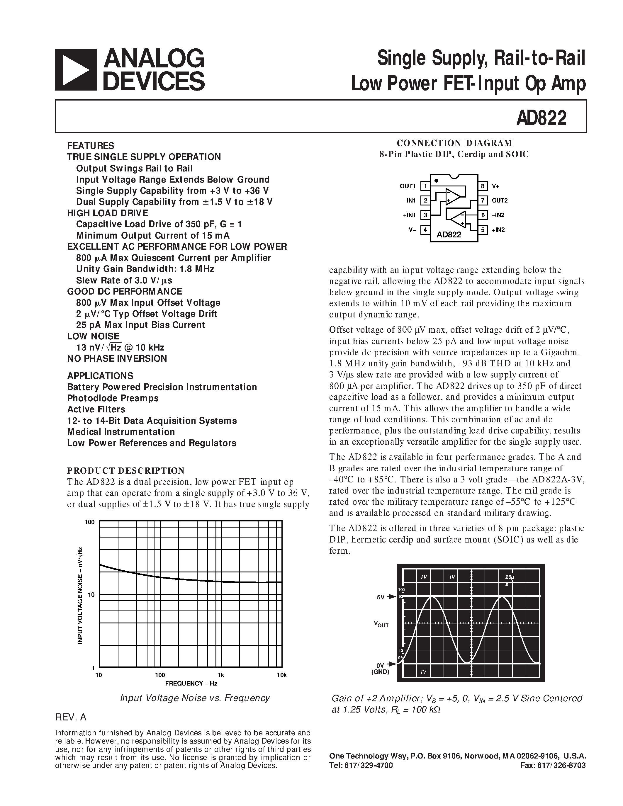 Datasheet AD822 - Single Supply/ Rail-to-Rail Low Power FET-Input Op Amp page 1