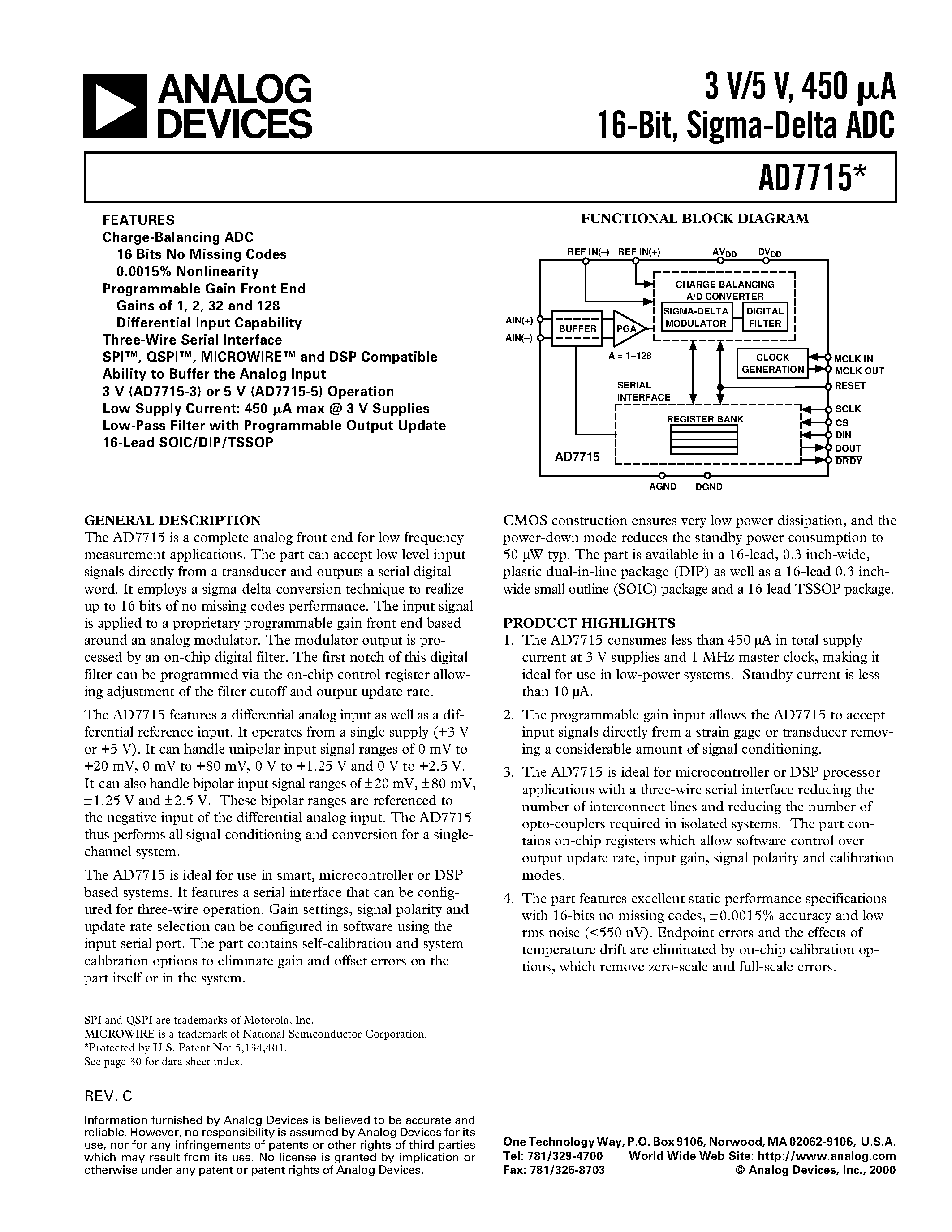 Datasheet AD7715AN-5 - 3 V/5 V/ 450 uA 16-Bit/ Sigma-Delta ADC page 1