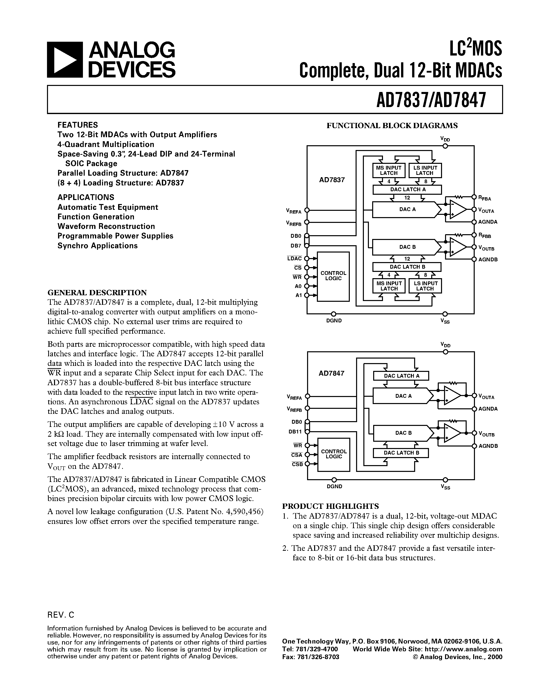 Datasheet AD7837SQ - LC2MOS Complete/ Dual 12-Bit MDACs page 1