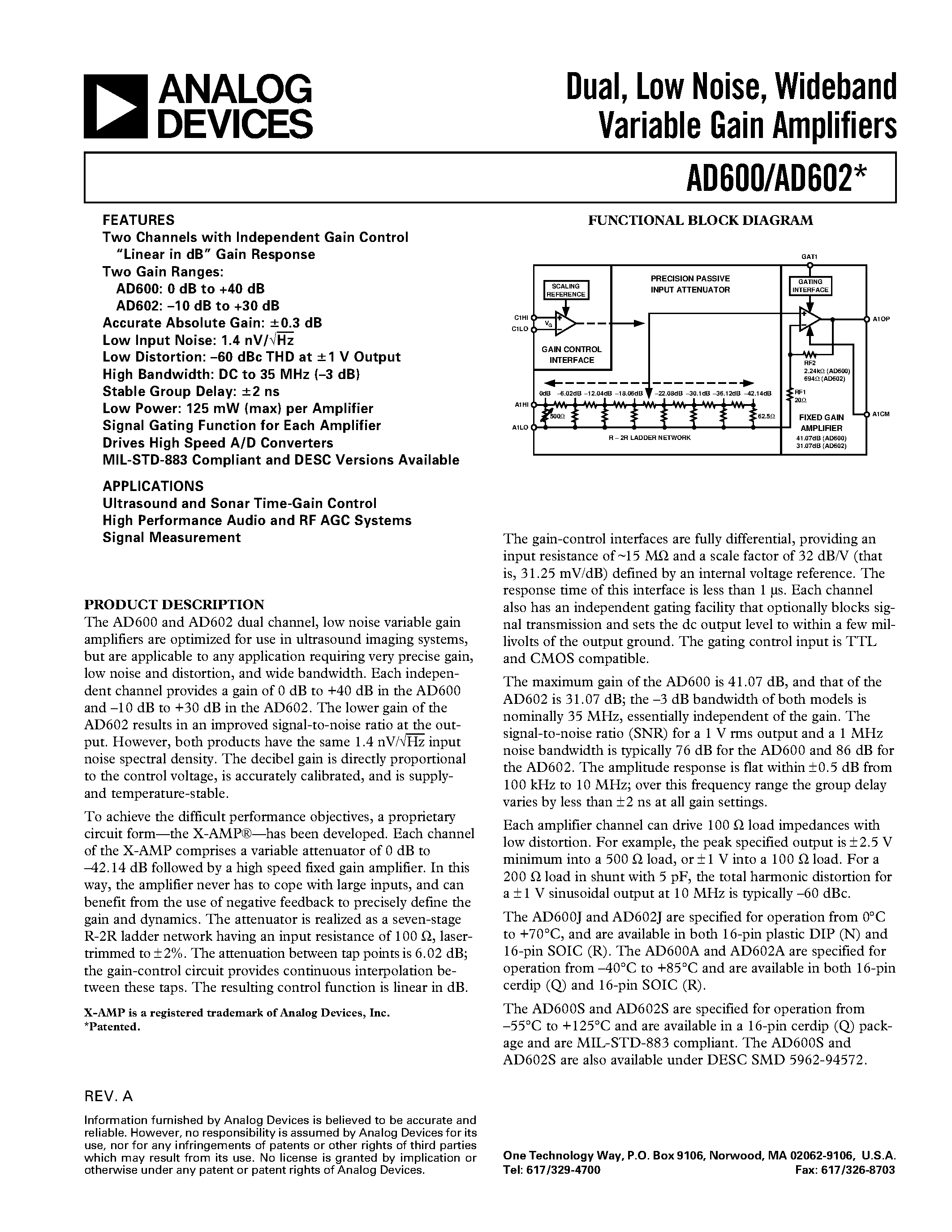 Datasheet AD600A - Dual/ Low Noise/ Wideband Variable Gain Amplifiers page 1