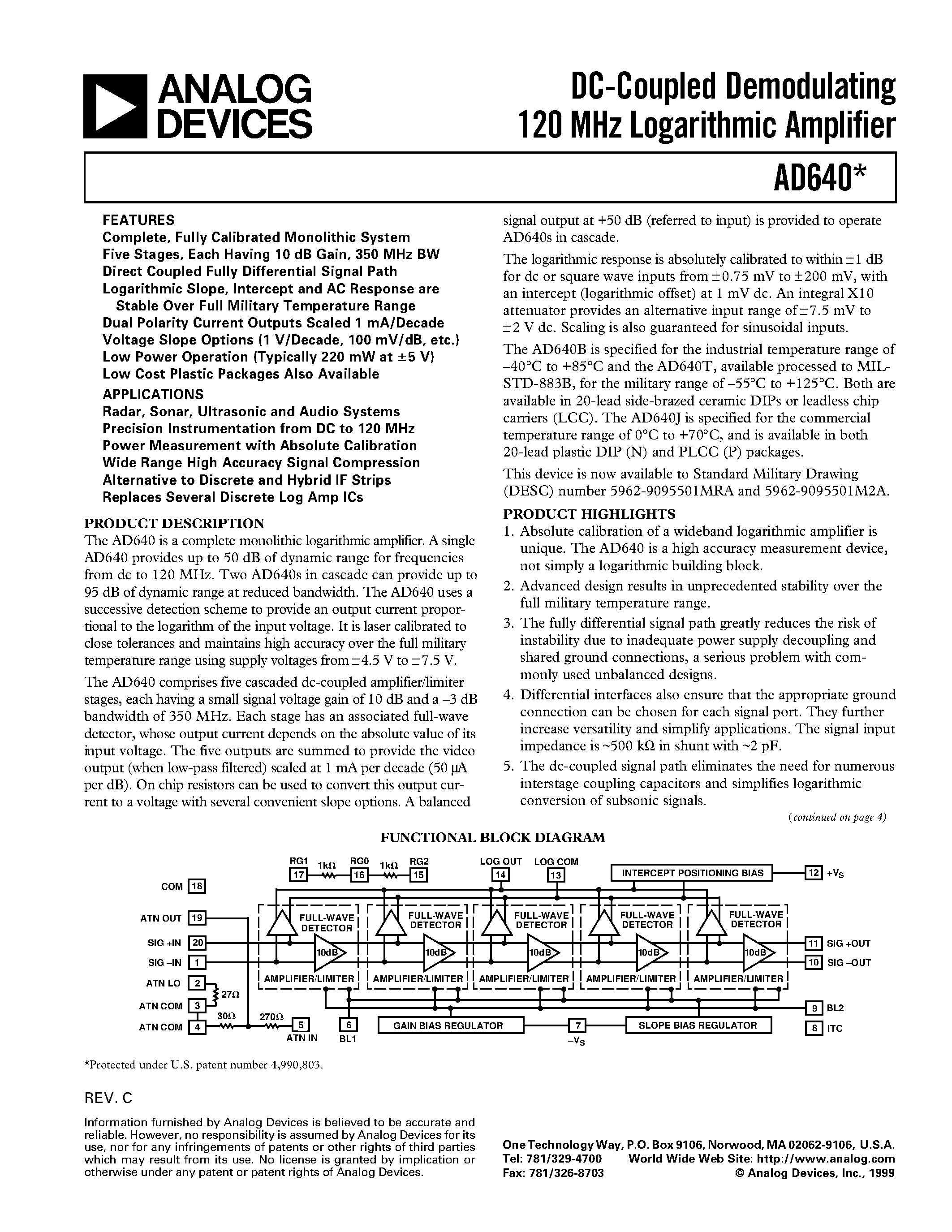 Даташит AD640]N - DC-Coupled Demodulating 120 MHz Logarithmic Amplifier страница 1