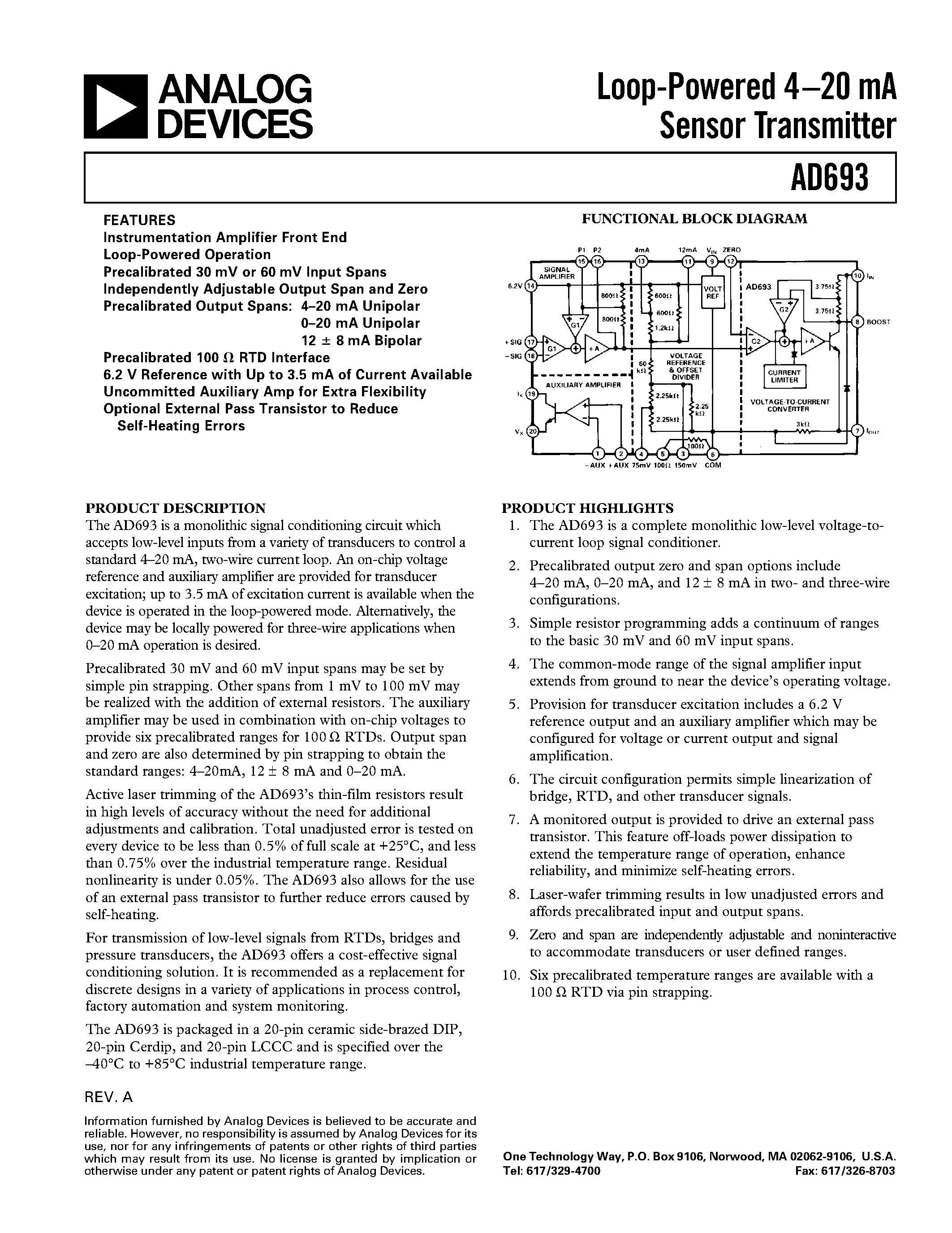 Даташит AD693 - Loop-Powered 4.20 mA Sensor Transmitter страница 1