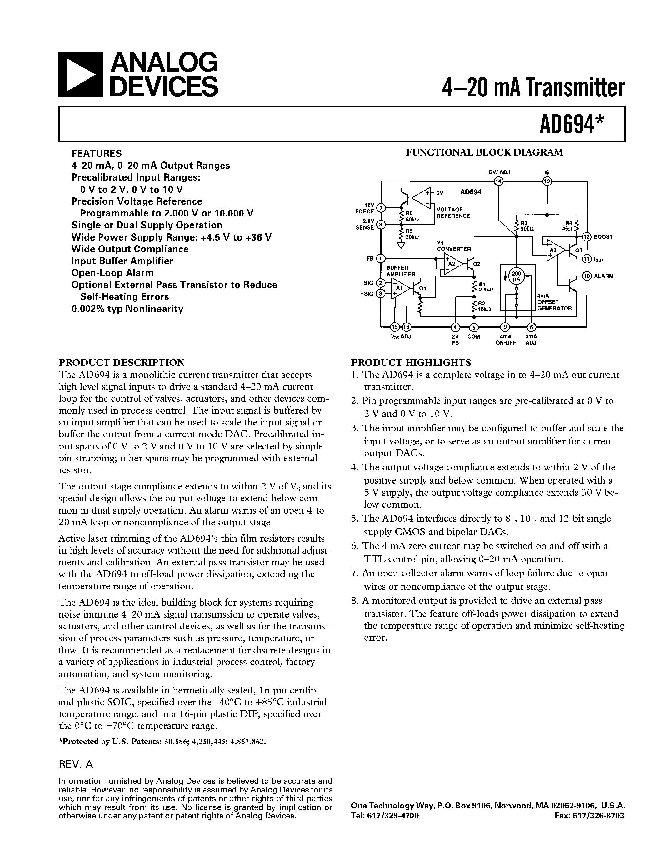 Даташит AD694 - 4.20 mA Transmitter страница 1