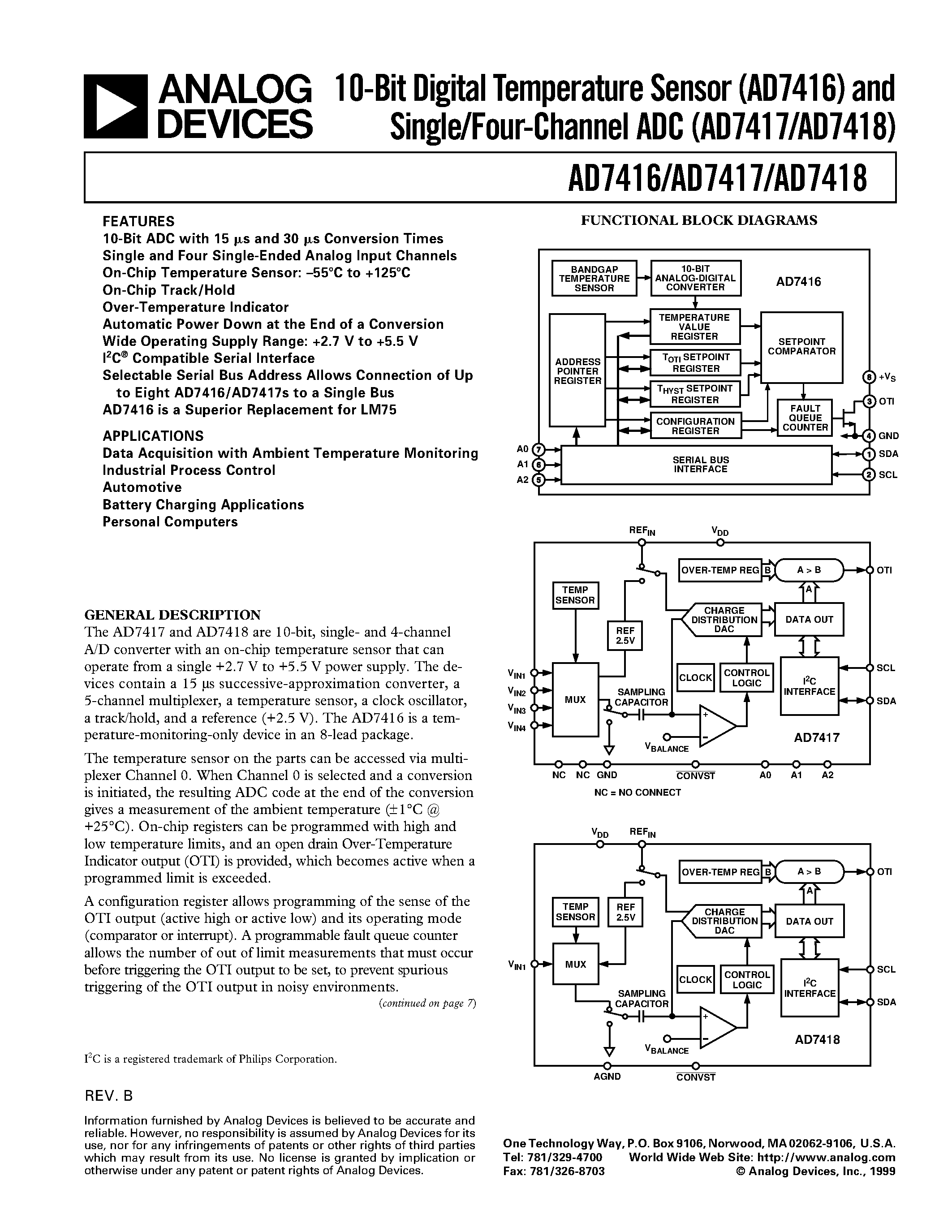 Datasheet AD7417AR - 10-Bit Digital Temperature Sensor (AD7416) and Single/Four-Channel ADC (AD7417/AD7418) page 1