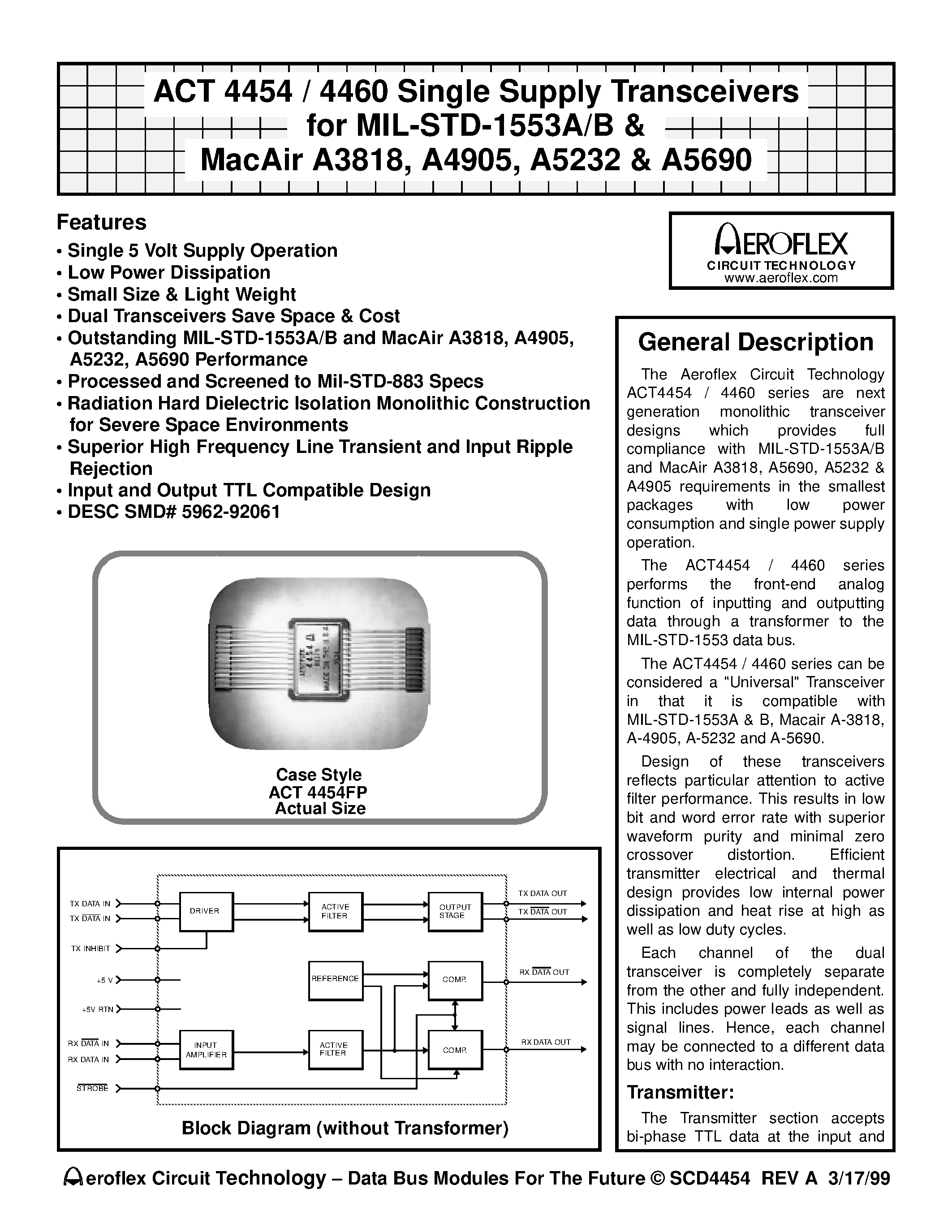 Datasheet ACT4460 - ACT 4454 / 4460 Single Supply Transceivers for MIL-STD-1553A/B & MacAir A3818/ A4905/ A5232 & A5690 page 1