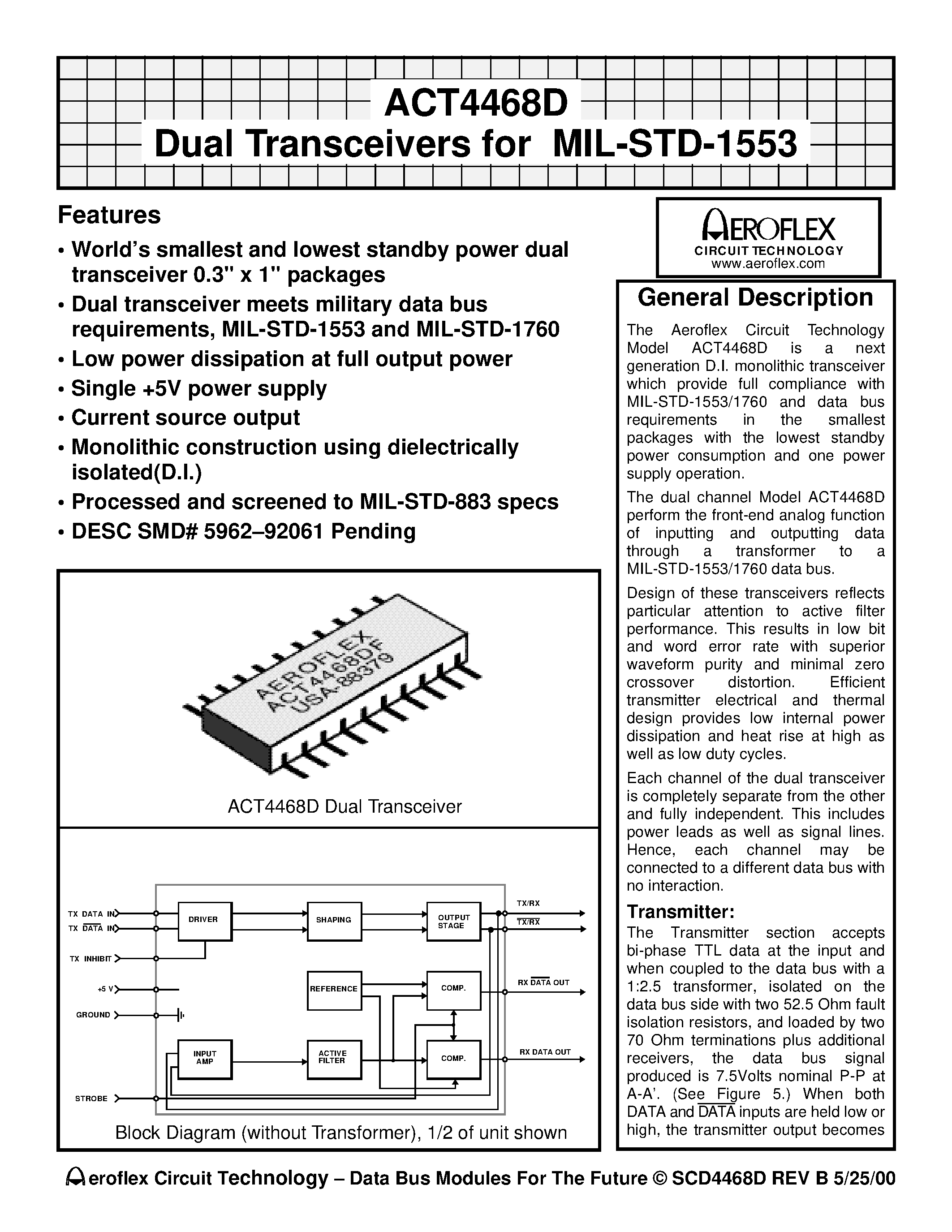 Даташит ACT4468D - ACT4468D Dual Transceivers for MIL-STD-1553 страница 1
