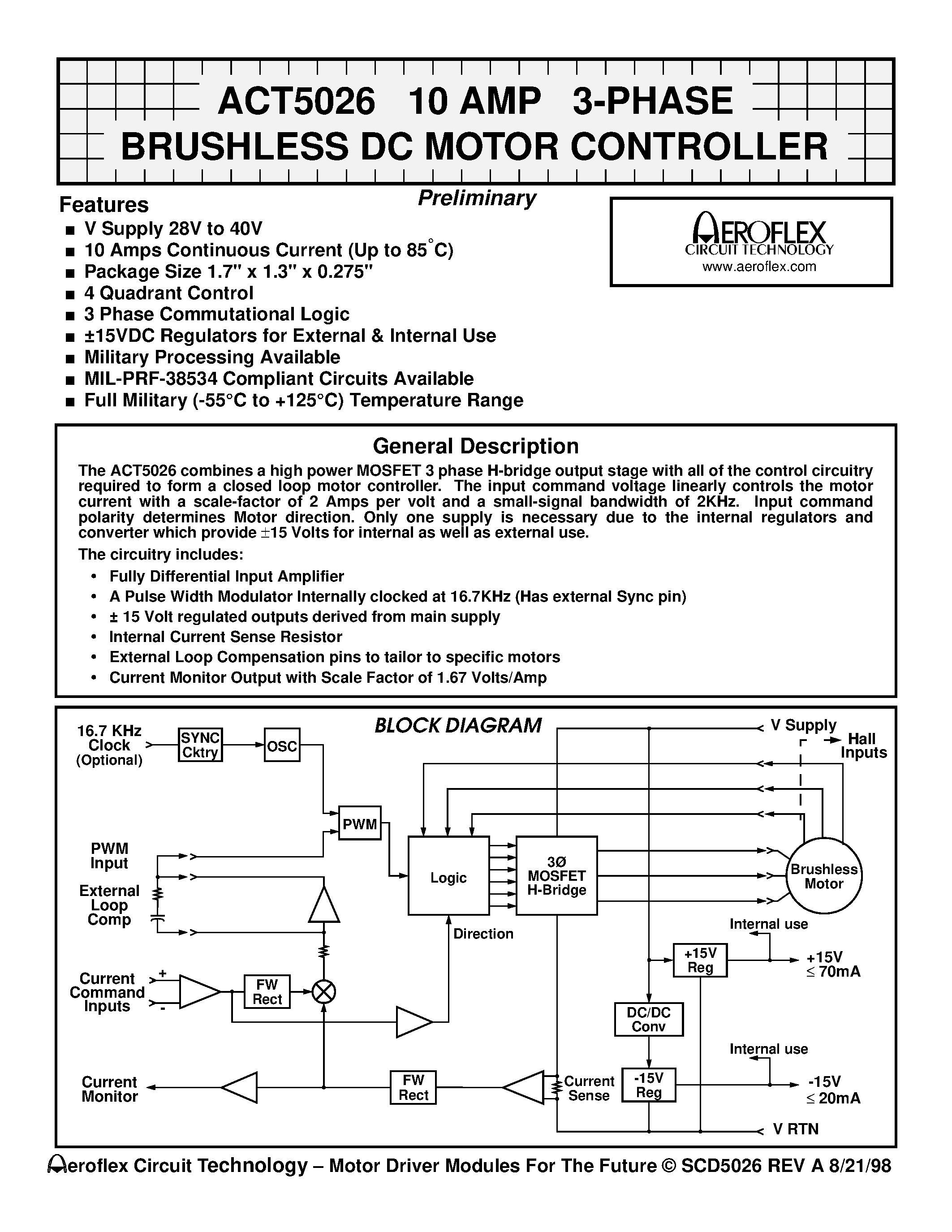 Datasheet ACT5026 - ACT5026 10 AMP 3-PHASE BRUSHLESS DC MOTOR CONTROLLER page 1