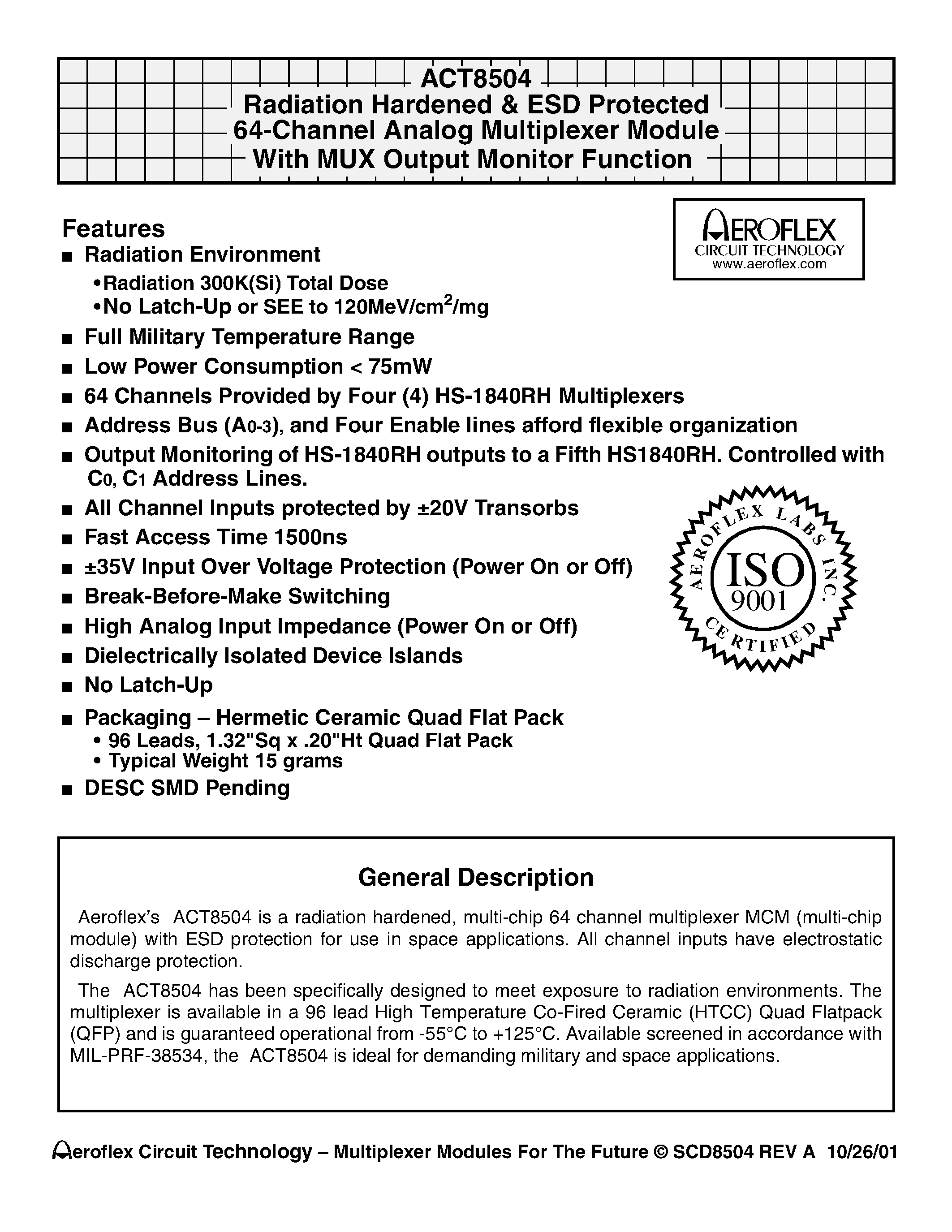 Datasheet ACT8504-T - ACT8504 Radiation Hardened & ESD Protected 64-Channel Analog Multiplexer Module With MUX Output Monitor Function page 1