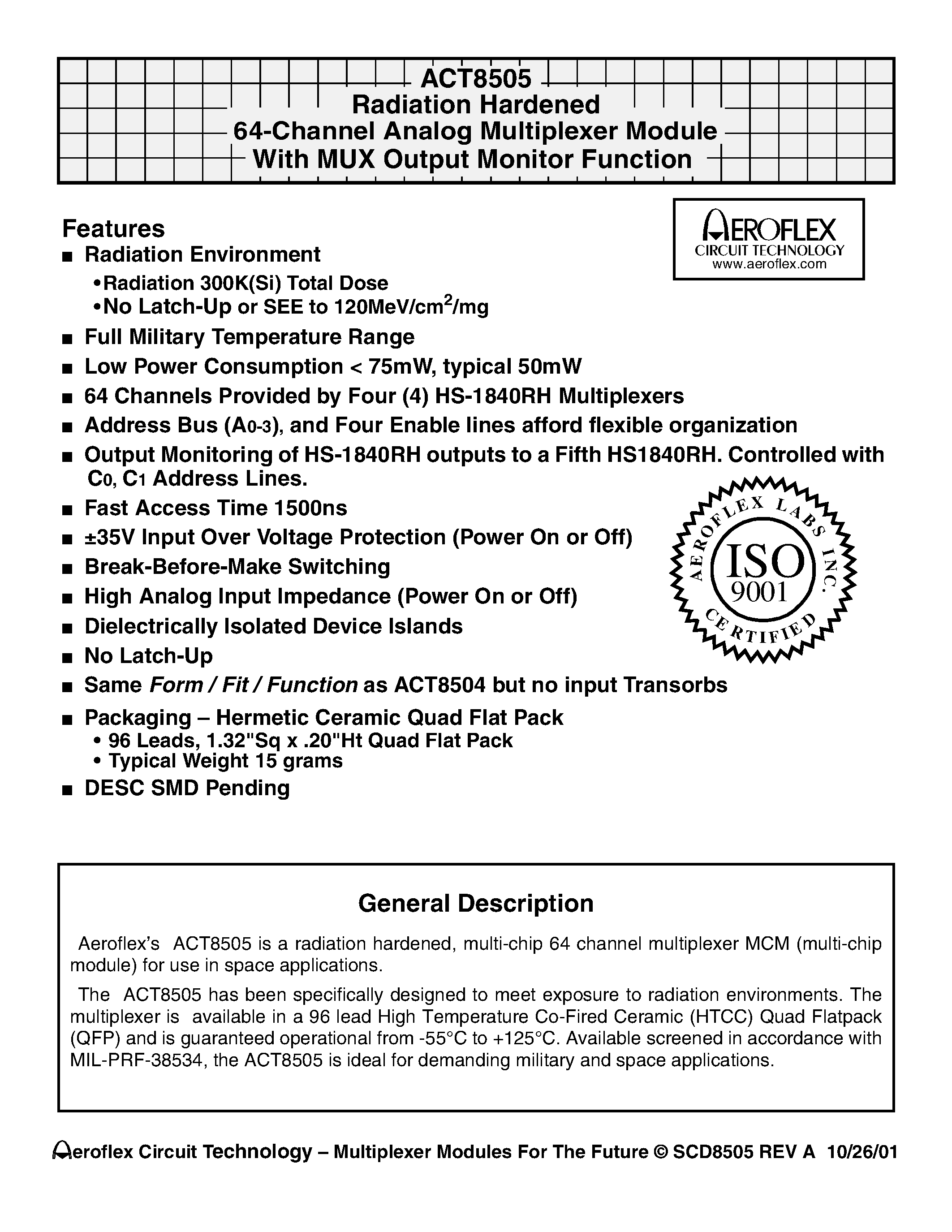 Datasheet ACT8505-T - ACT8505 Radiation Hardened 64-Channel Analog Multiplexer Module With MUX Output Monitor Function page 1