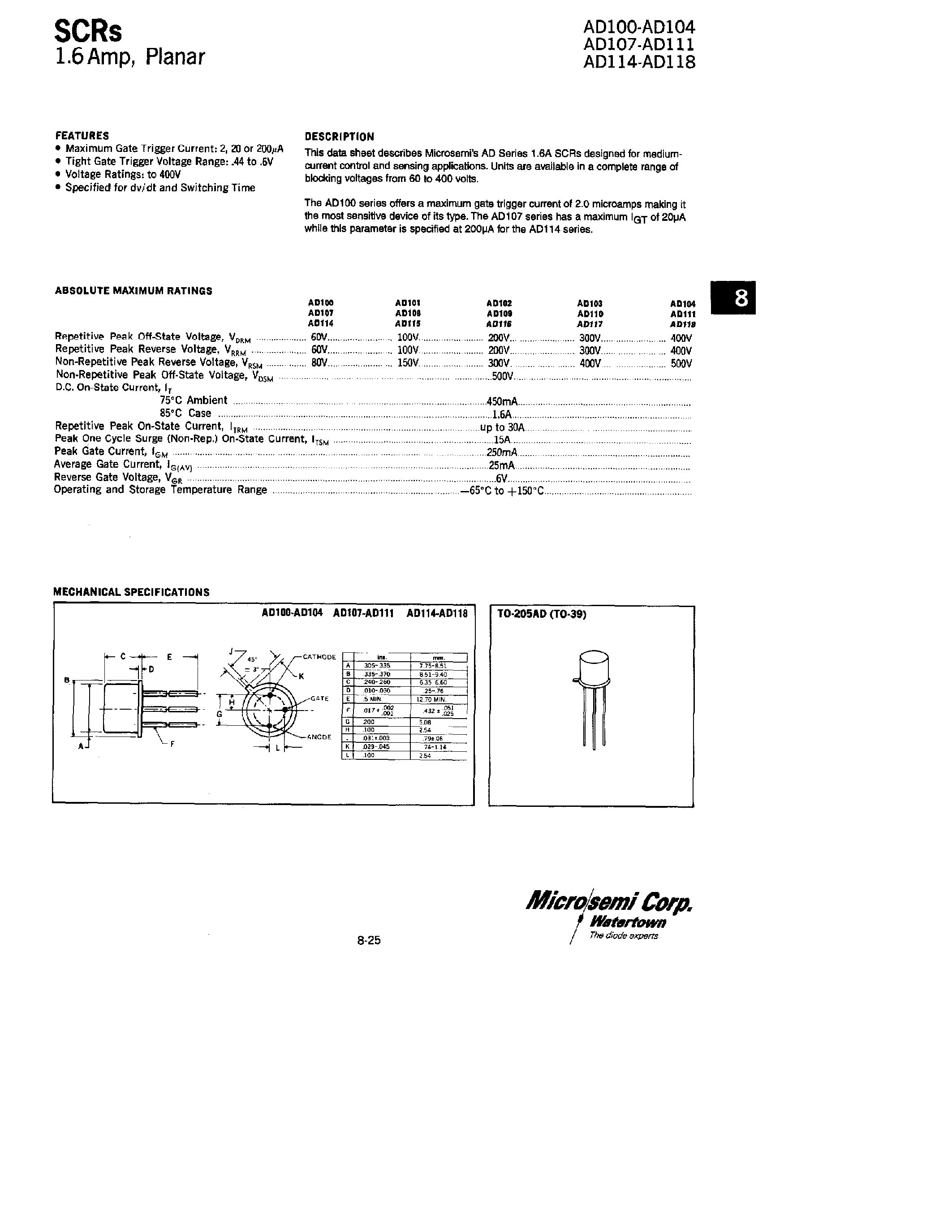 Datasheet AD100 - SCRs 1.5 Amp/ Planar page 1
