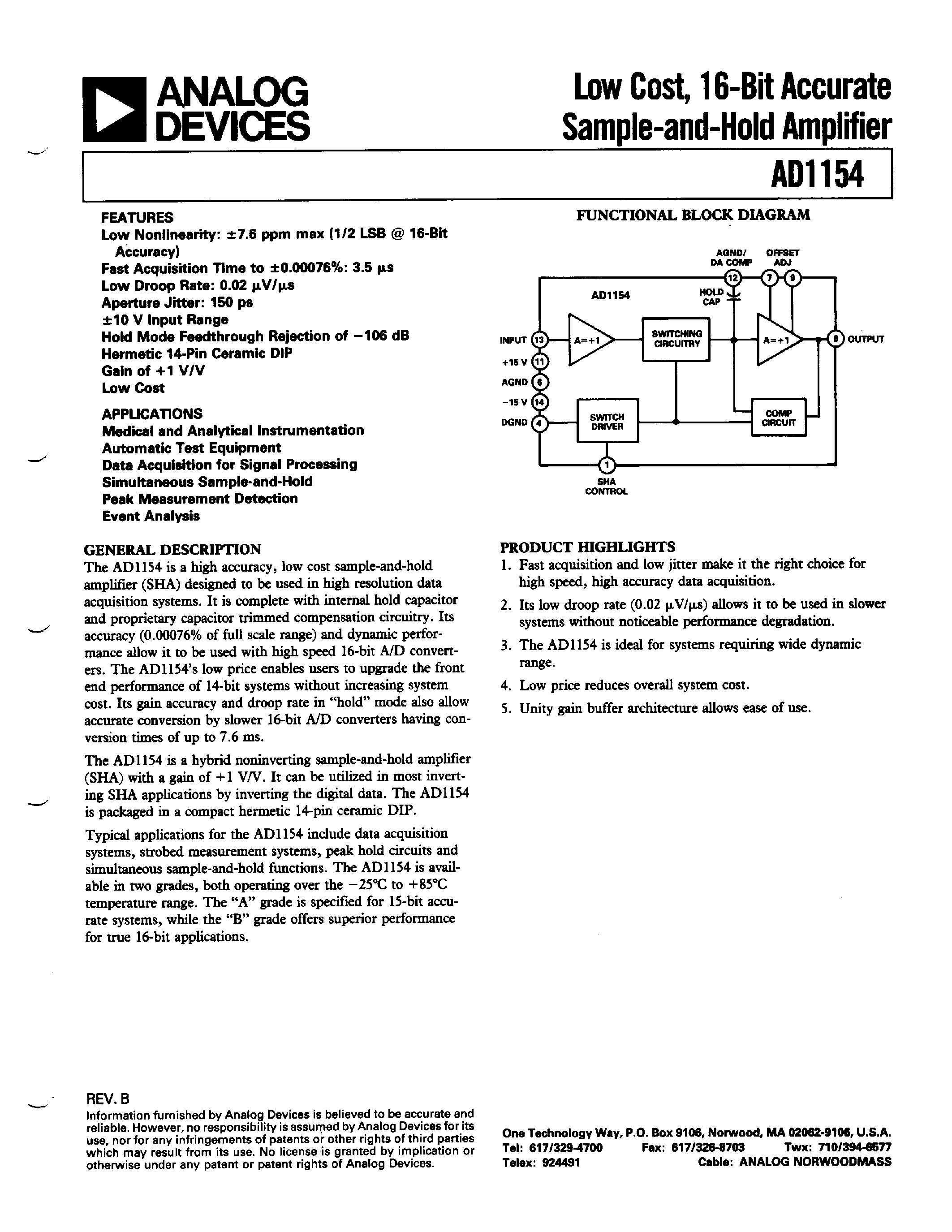 Datasheet AD1154BD - Low Cost/ 16-Bit Accurate Sample-and-Hold Amplifier page 1