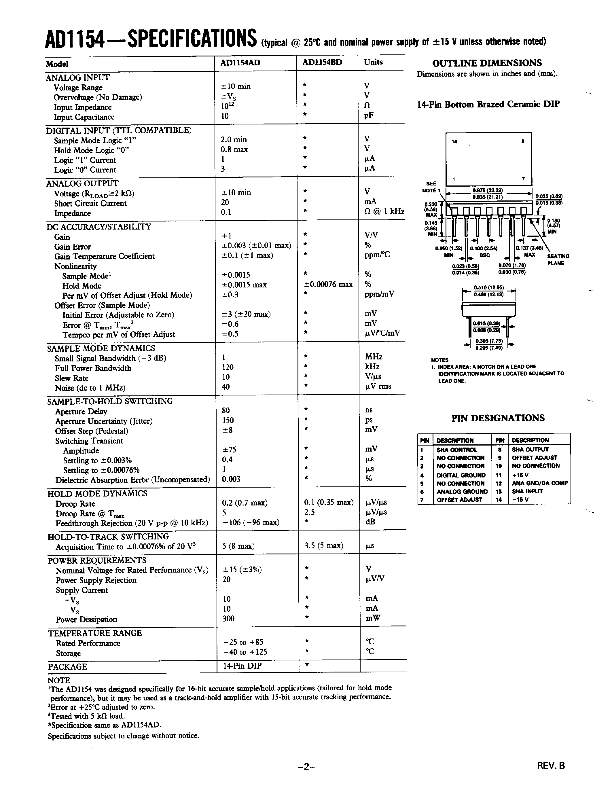 Datasheet AD1154BD - Low Cost/ 16-Bit Accurate Sample-and-Hold Amplifier page 2