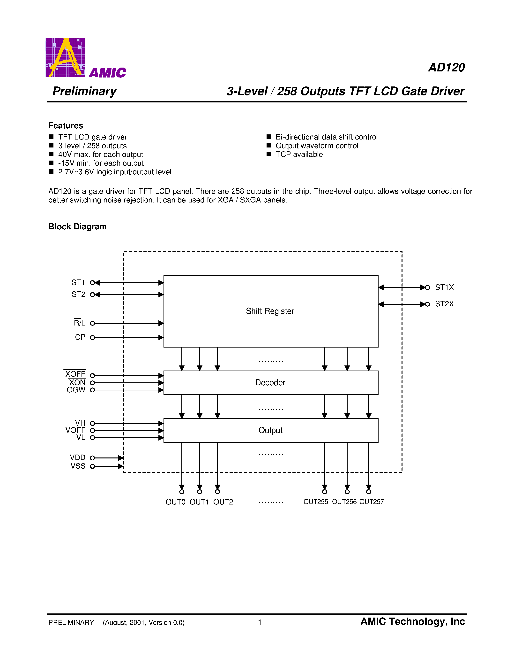 Datasheet AD120 - 3-Level / 258 Outputs TFT LCD Gate Driver page 2