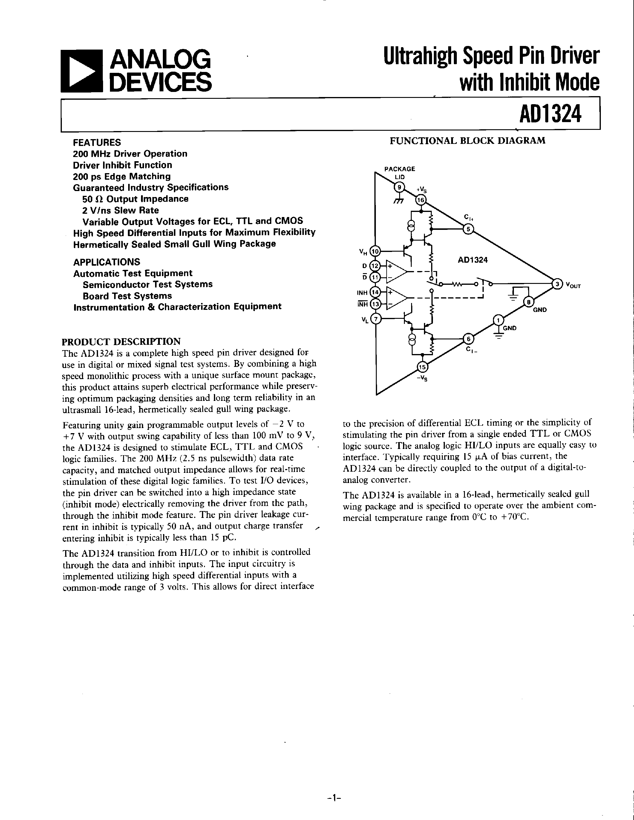 Datasheet AD1324 - Ultrahigh Speed Pin Driver with Inhibit Mode page 1