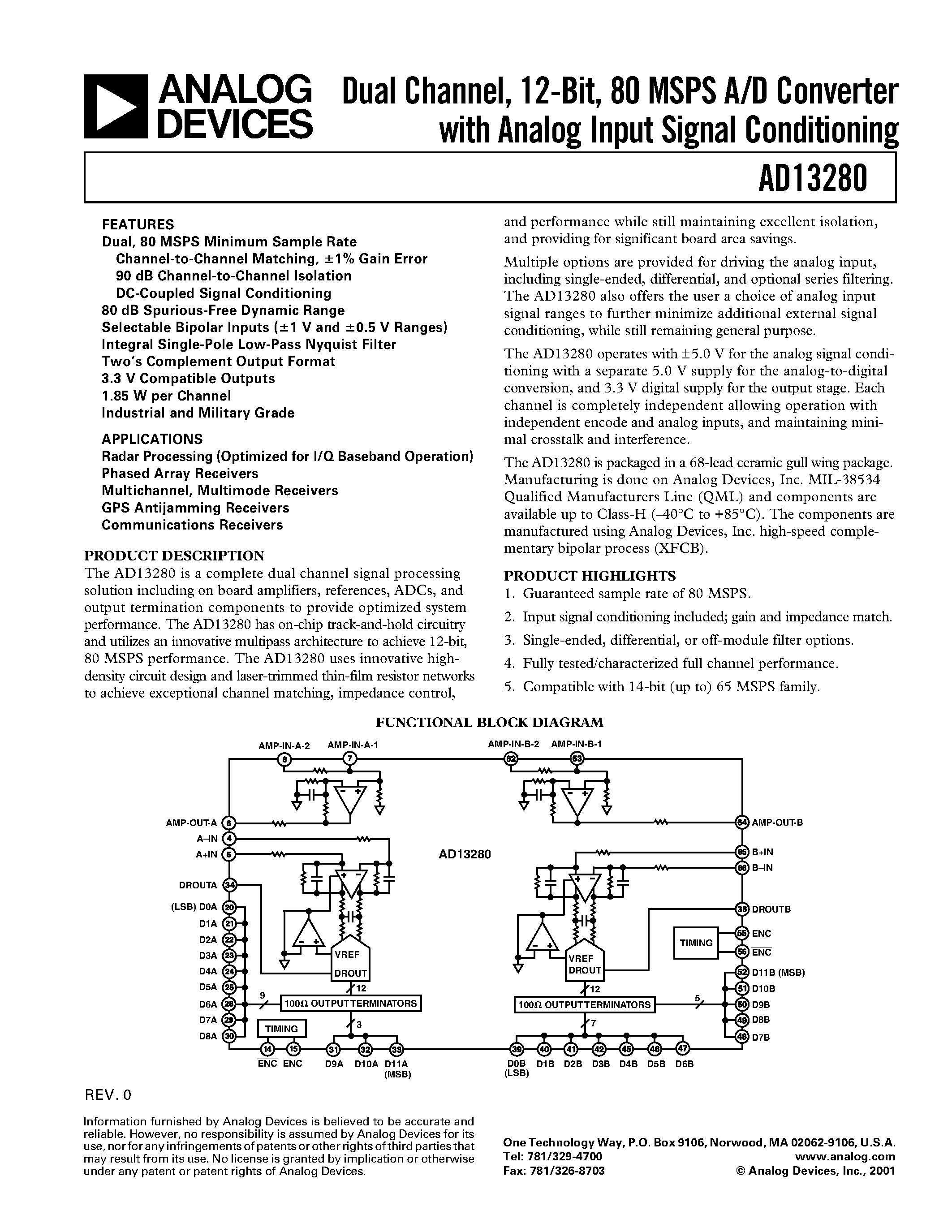 Даташит AD13280 - Dual Channel/ 12-Bit/ 80 MSPS A/D Converter with Analog Input Signal Conditioning страница 1
