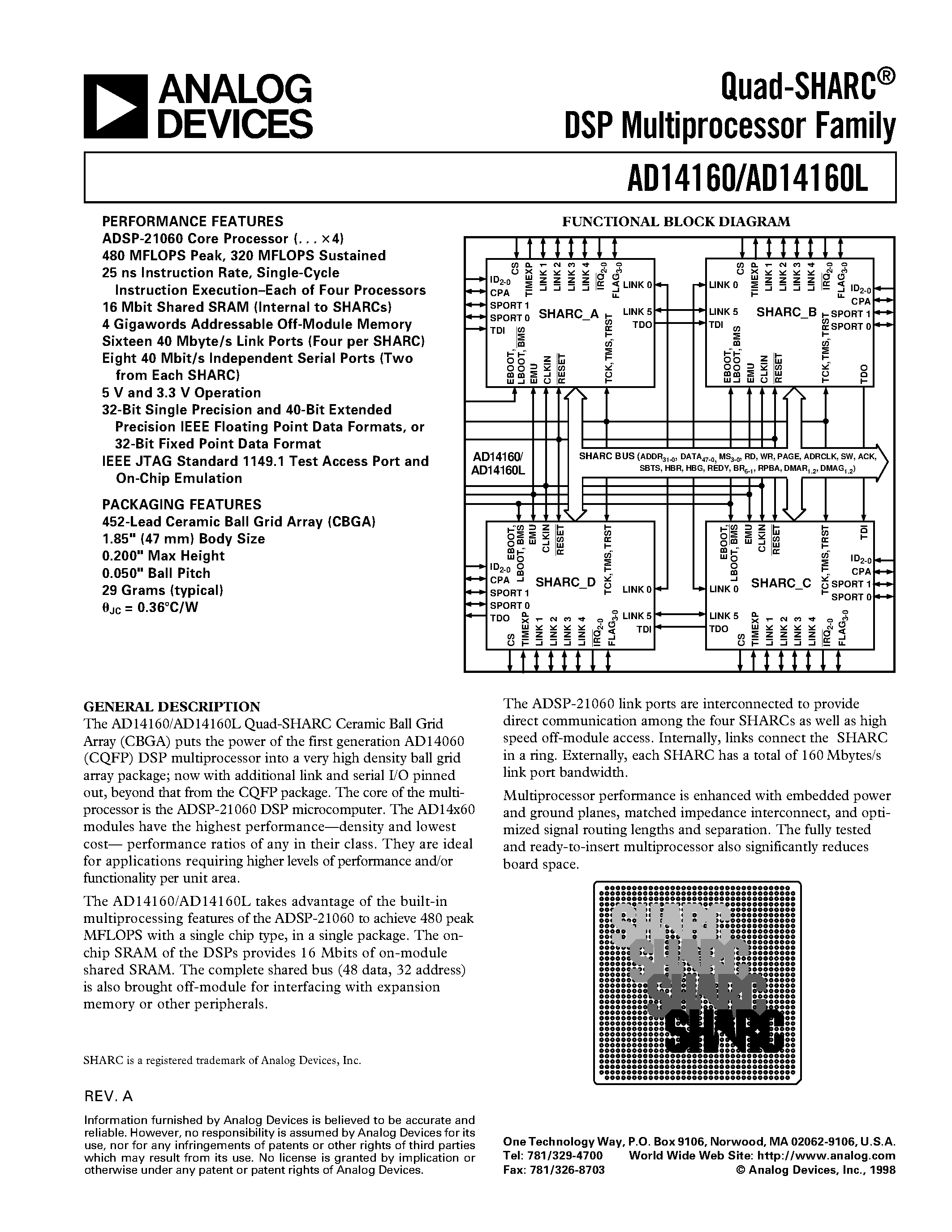 Datasheet AD14160KB-4 - Quad-SHARC DSP Multiprocessor Family page 1