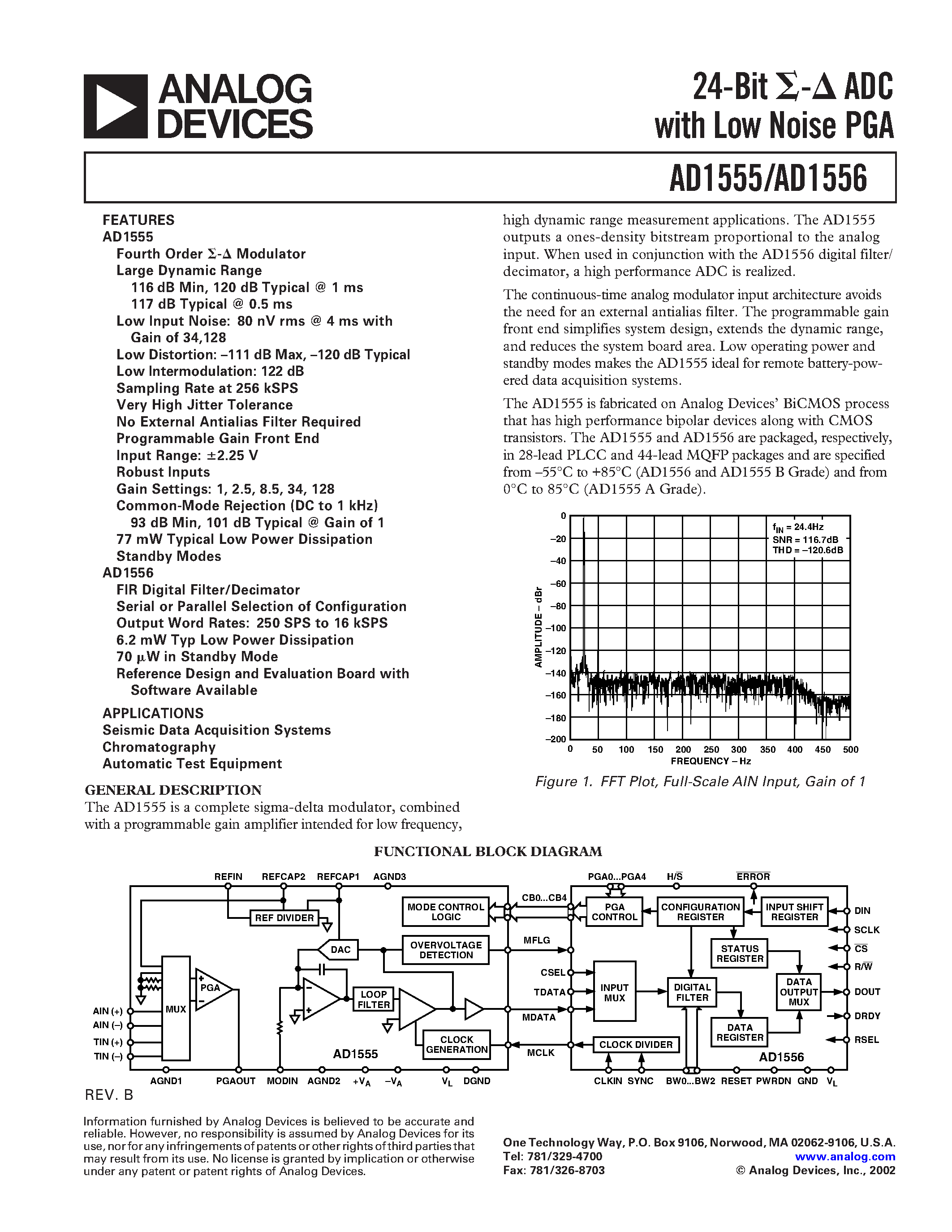 Datasheet AD1555 - 24-Bit ADC WITH LOW NOISE PGA page 1