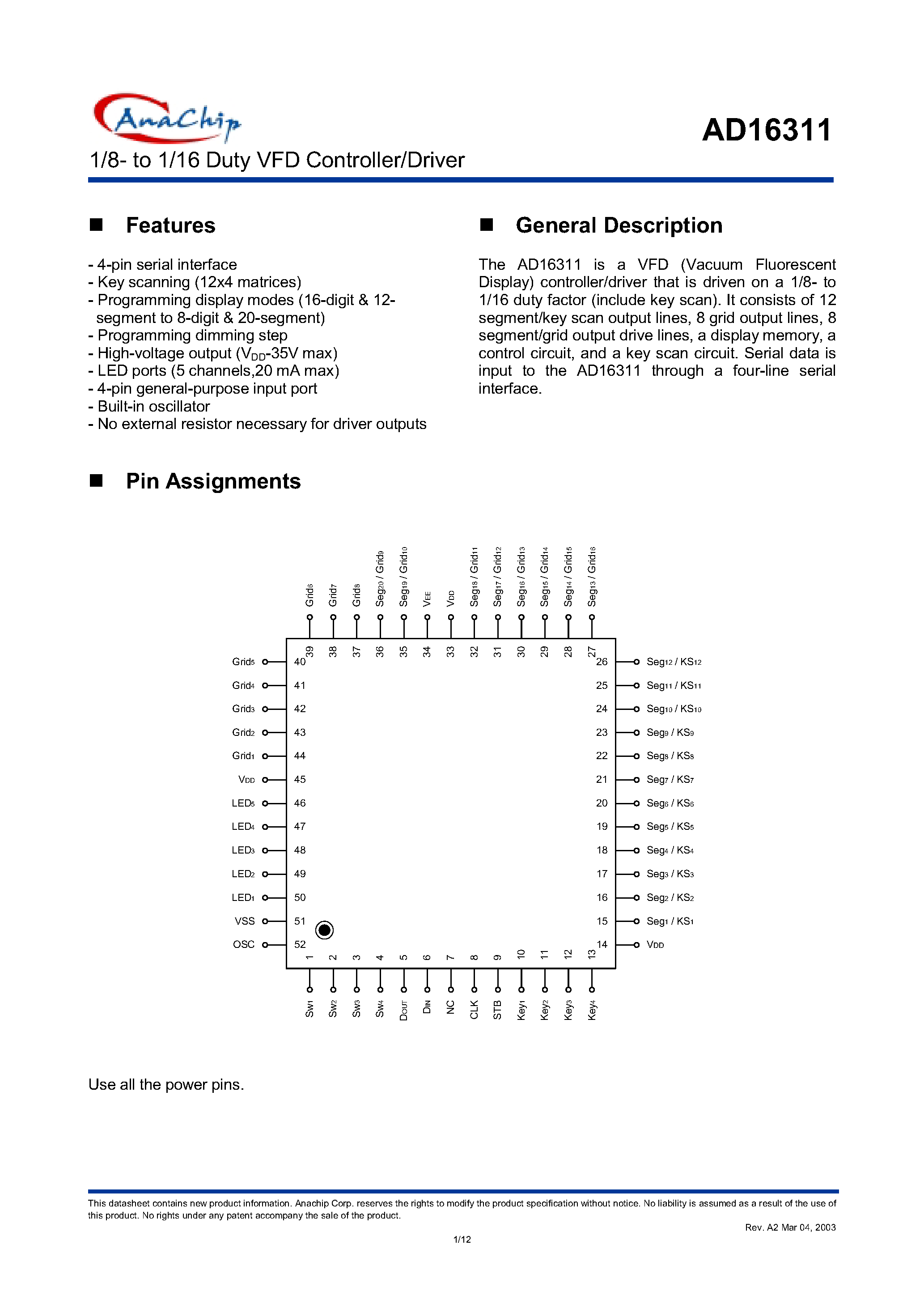 Datasheet AD16311 - 1/8 TO 1/16 DUTY VFD CONTROLLER/DRIVER page 1