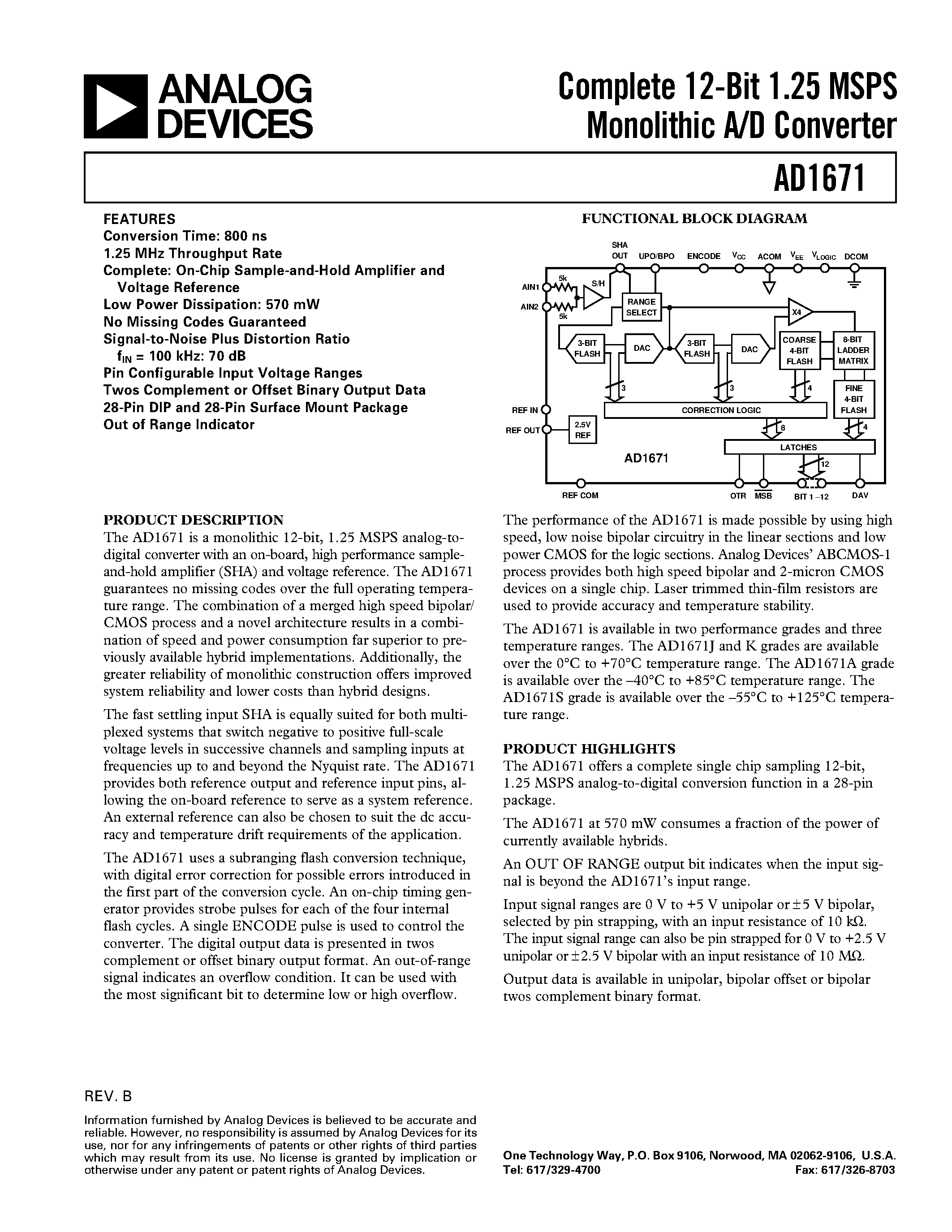 Datasheet AD1671J - Complete 12-Bit 1.25 MSPS Monolithic A/D Converter page 1