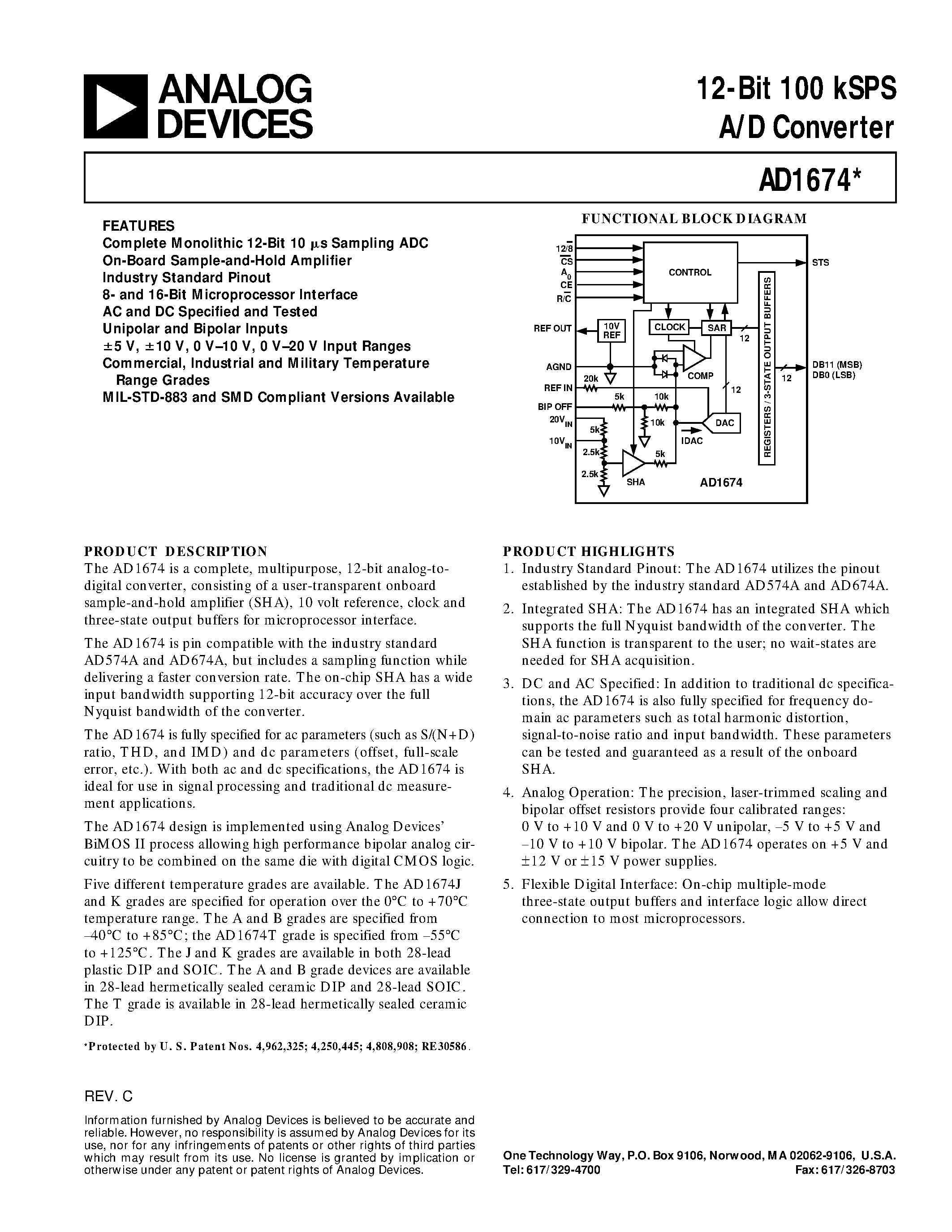 Datasheet AD1674 - 12-Bit 100 kSPS A/D Converter page 1