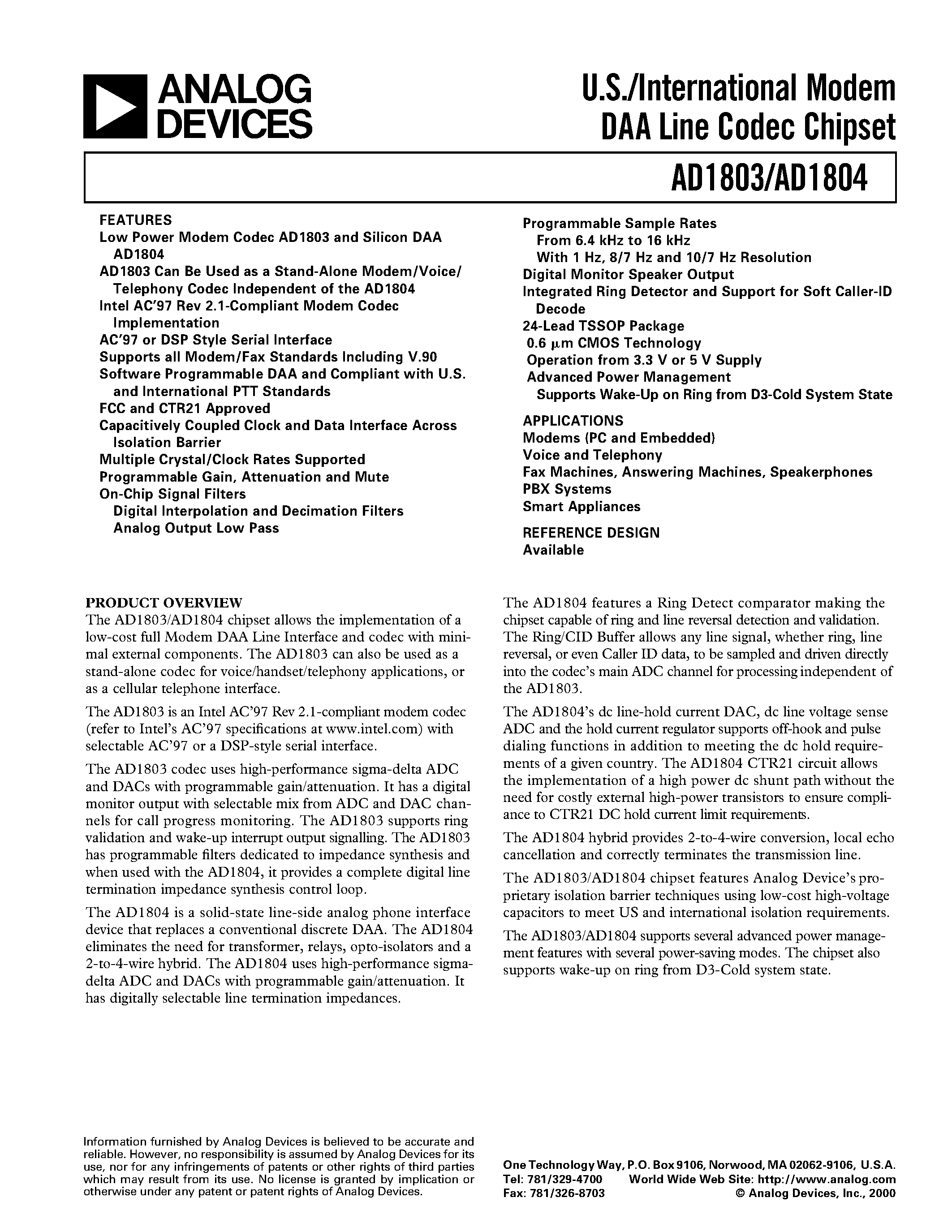Datasheet AD1803 - U.S./International Modem DAA Line Codec Chipset page 1