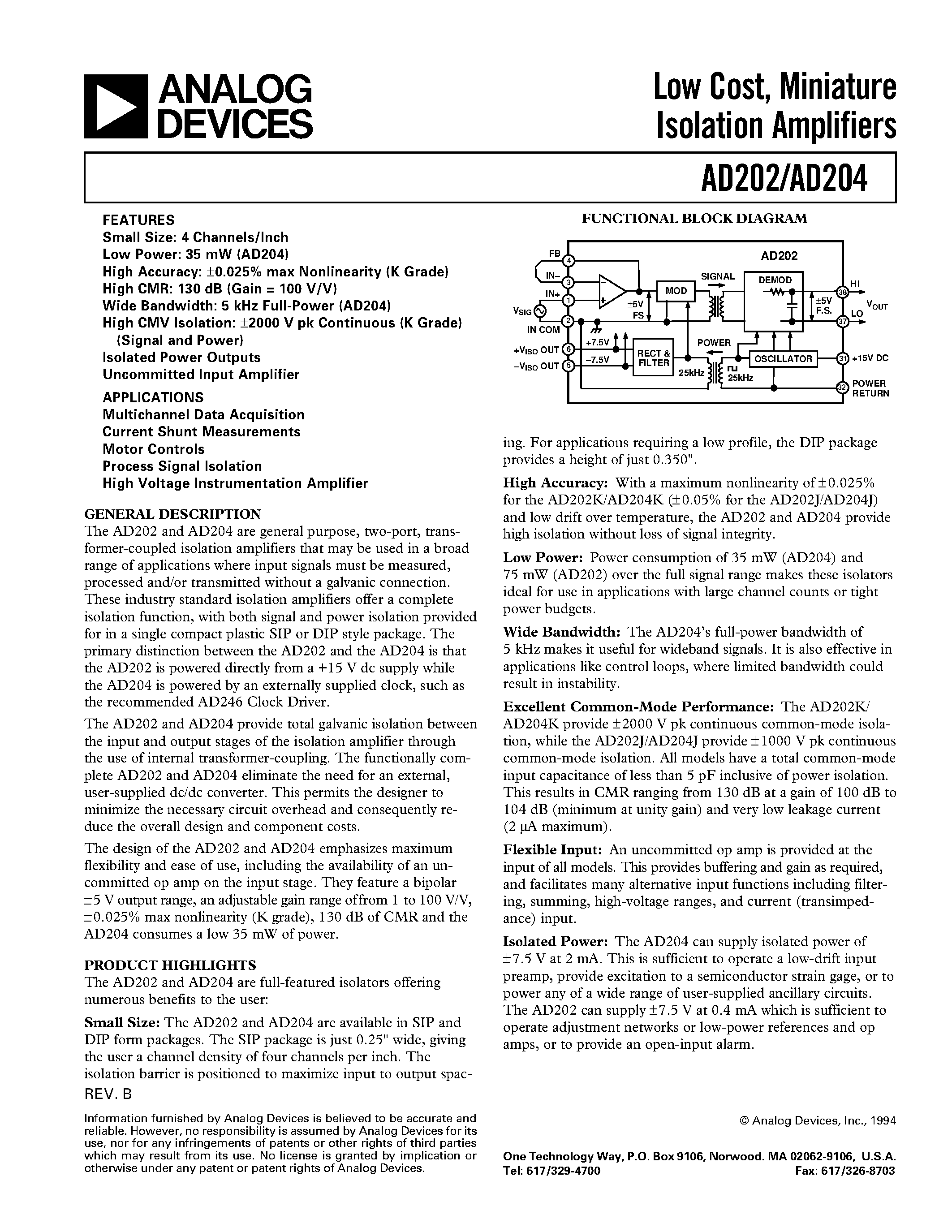 Datasheet AD202K - Low Cost/ Miniature Isolation Amplifiers page 1