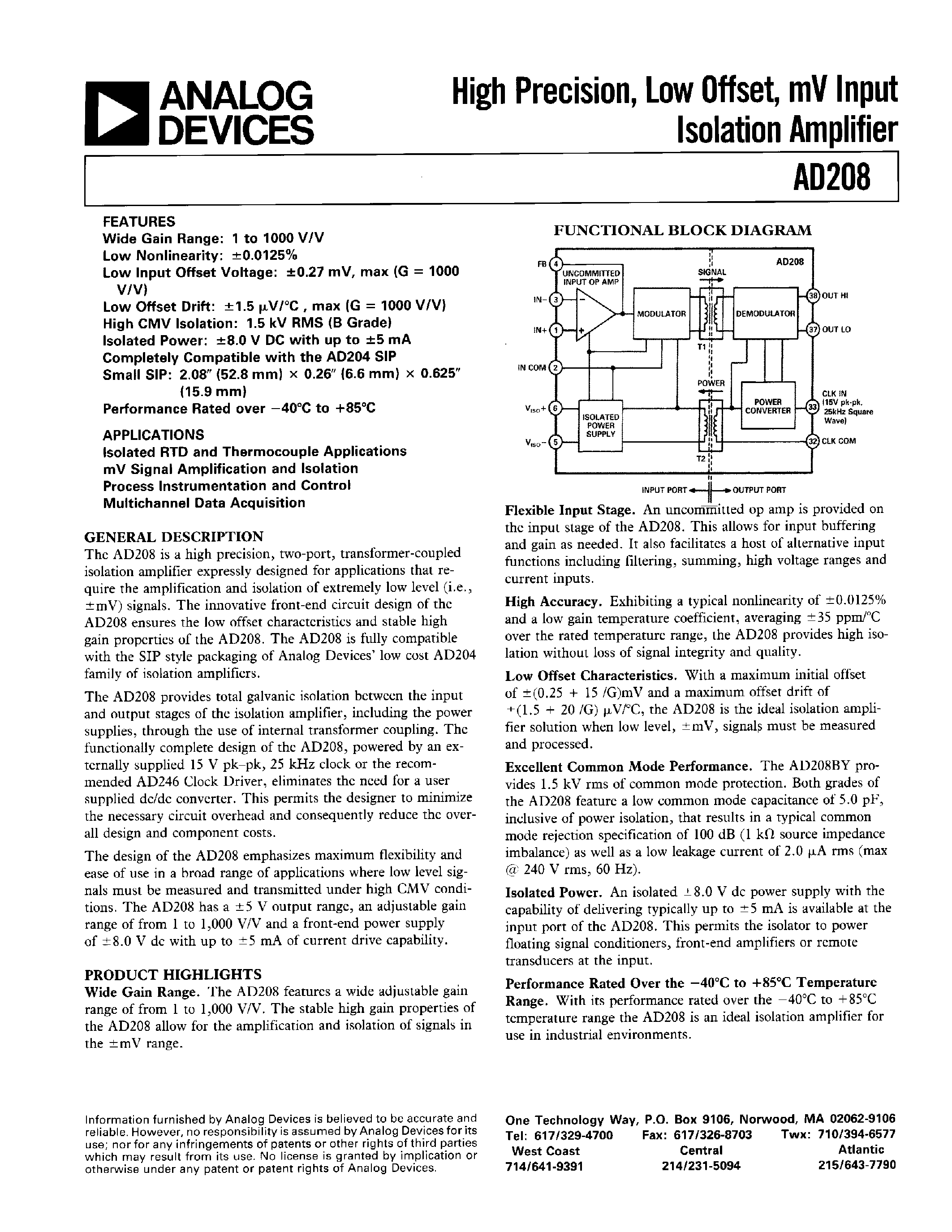 Datasheet AD208 - High Precision/ Low Offset/ mV Input Isolation Amplifier page 1