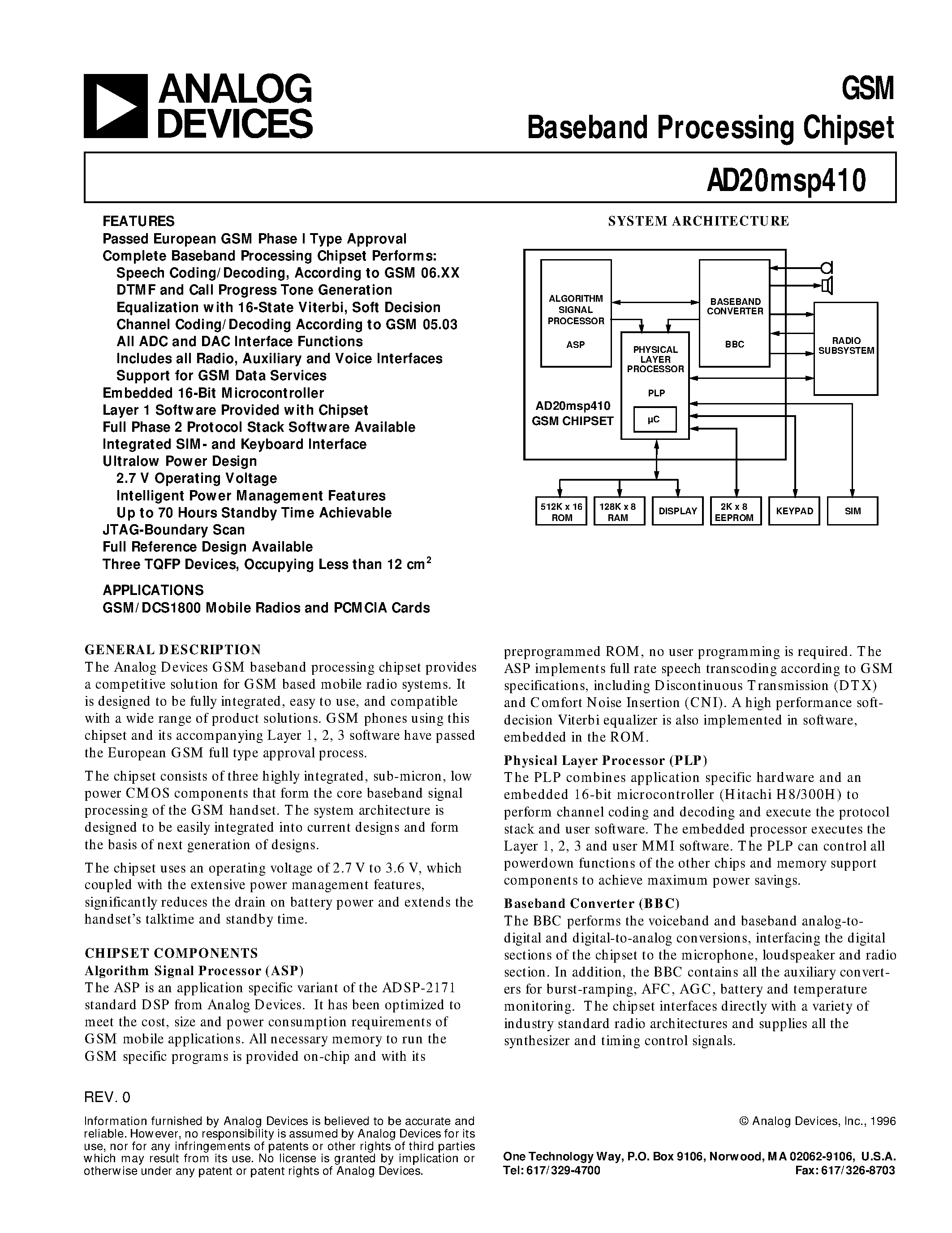 Datasheet AD20MSP410 - GSM Baseband Processing Chipset page 1
