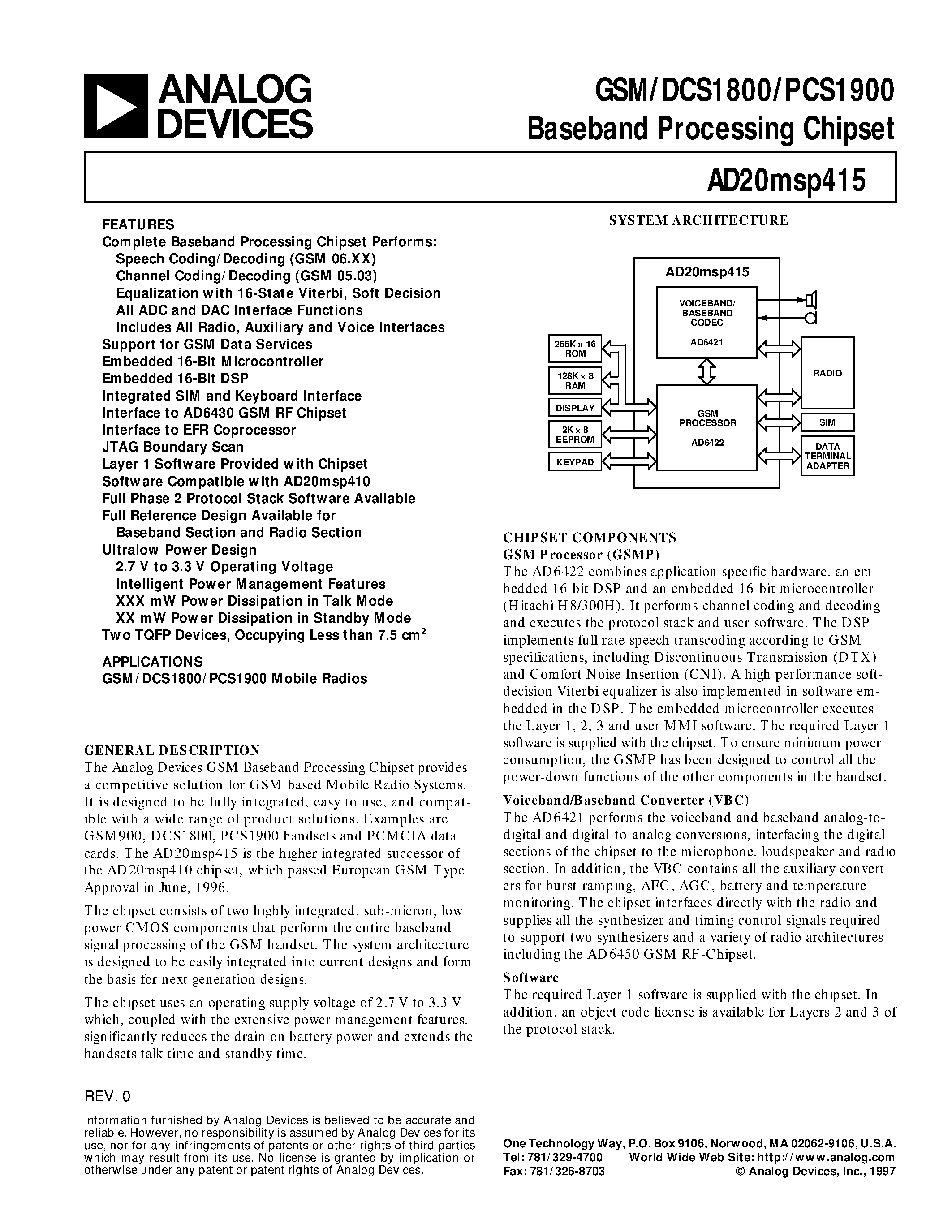 Datasheet AD20MSP415 - GSM/DCS1800/PCS1900 Baseband Processing Chipset page 1