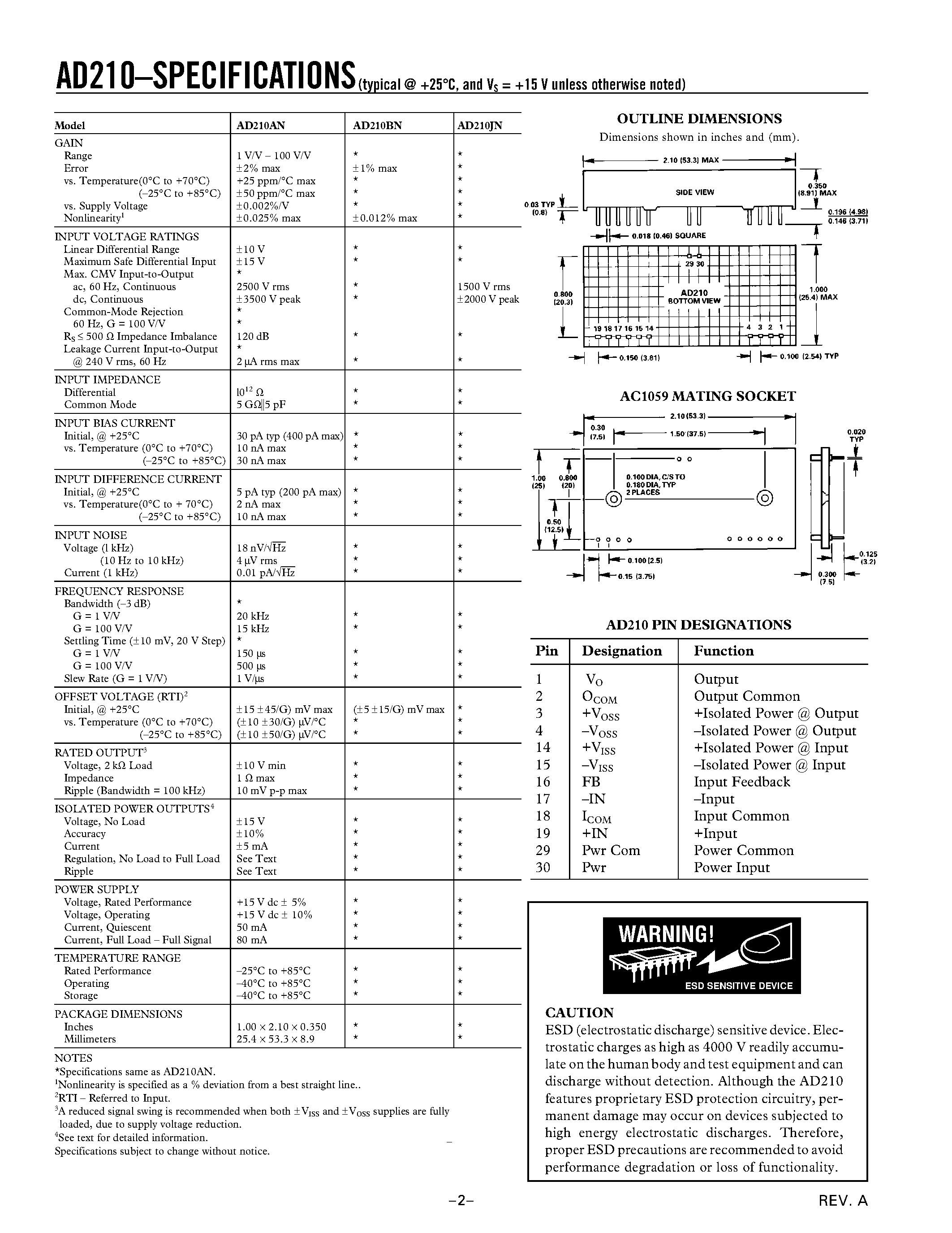Datasheet AD210 - Precision/ Wide Bandwidth 3-Port Isolation Amplifier page 2
