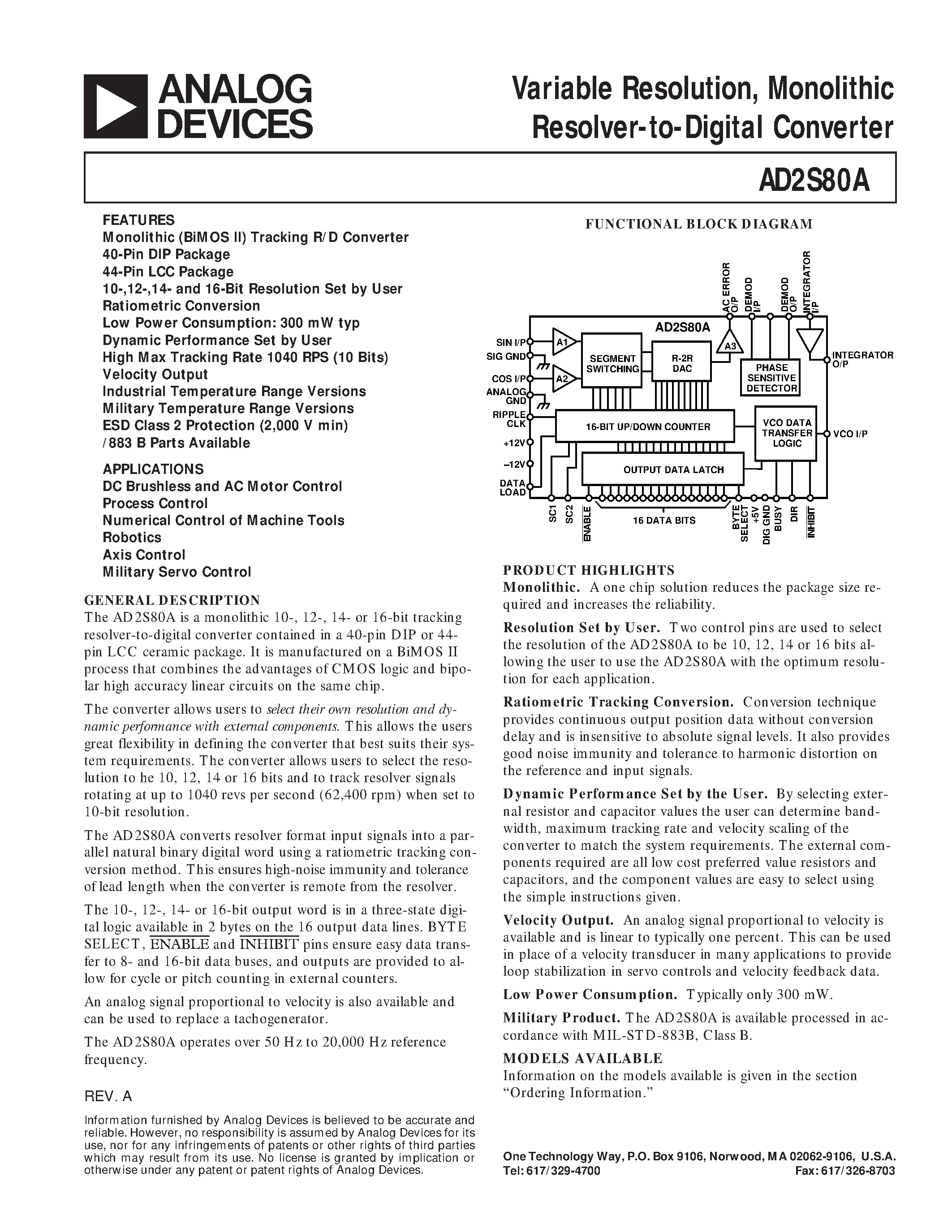 Datasheet AD2S80ATE/883B - Variable Resolution/ Monolithic Resolver-to-Digital Converter page 1