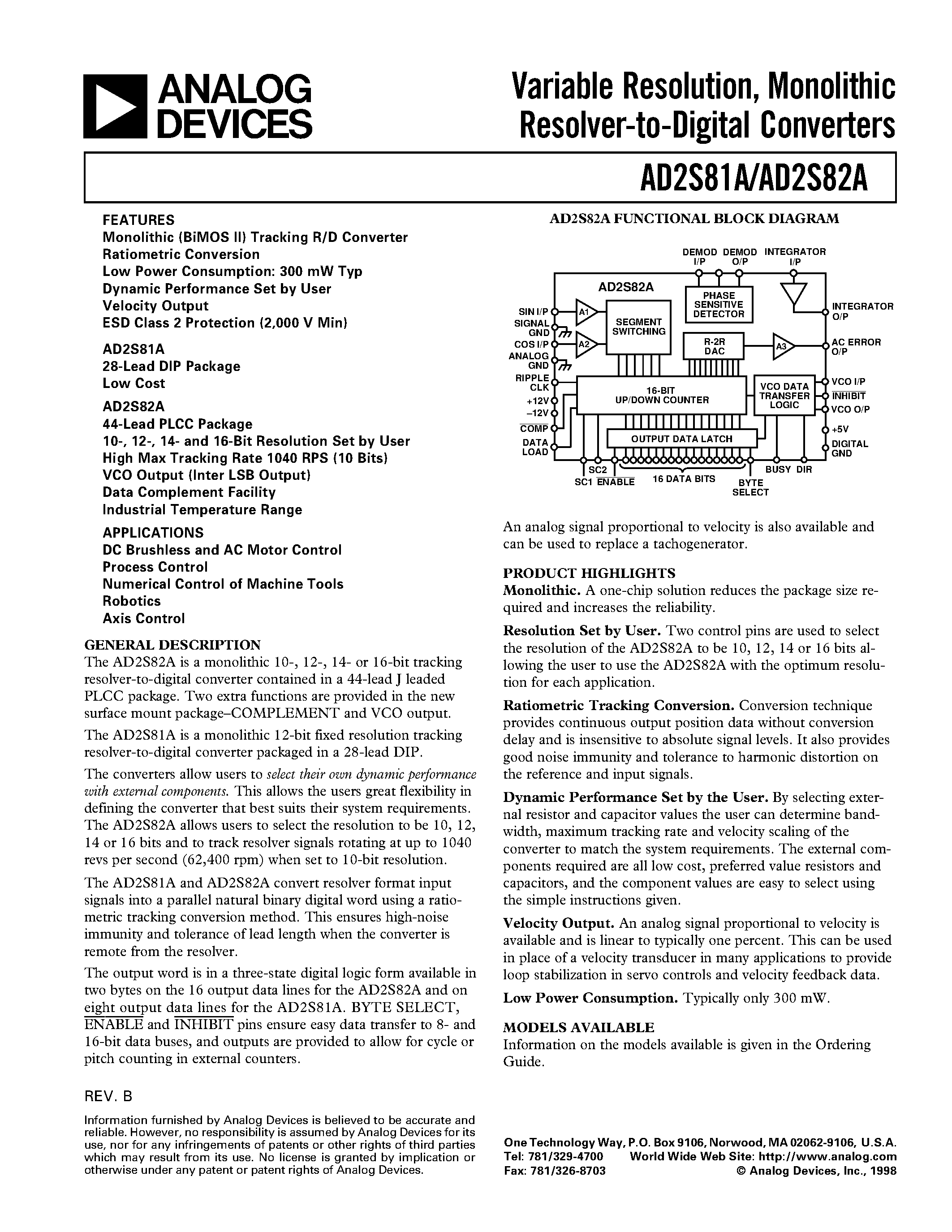 Datasheet AD2S81AJD - Variable Resolution/ Monolithic Resolver-to-Digital Converters page 1