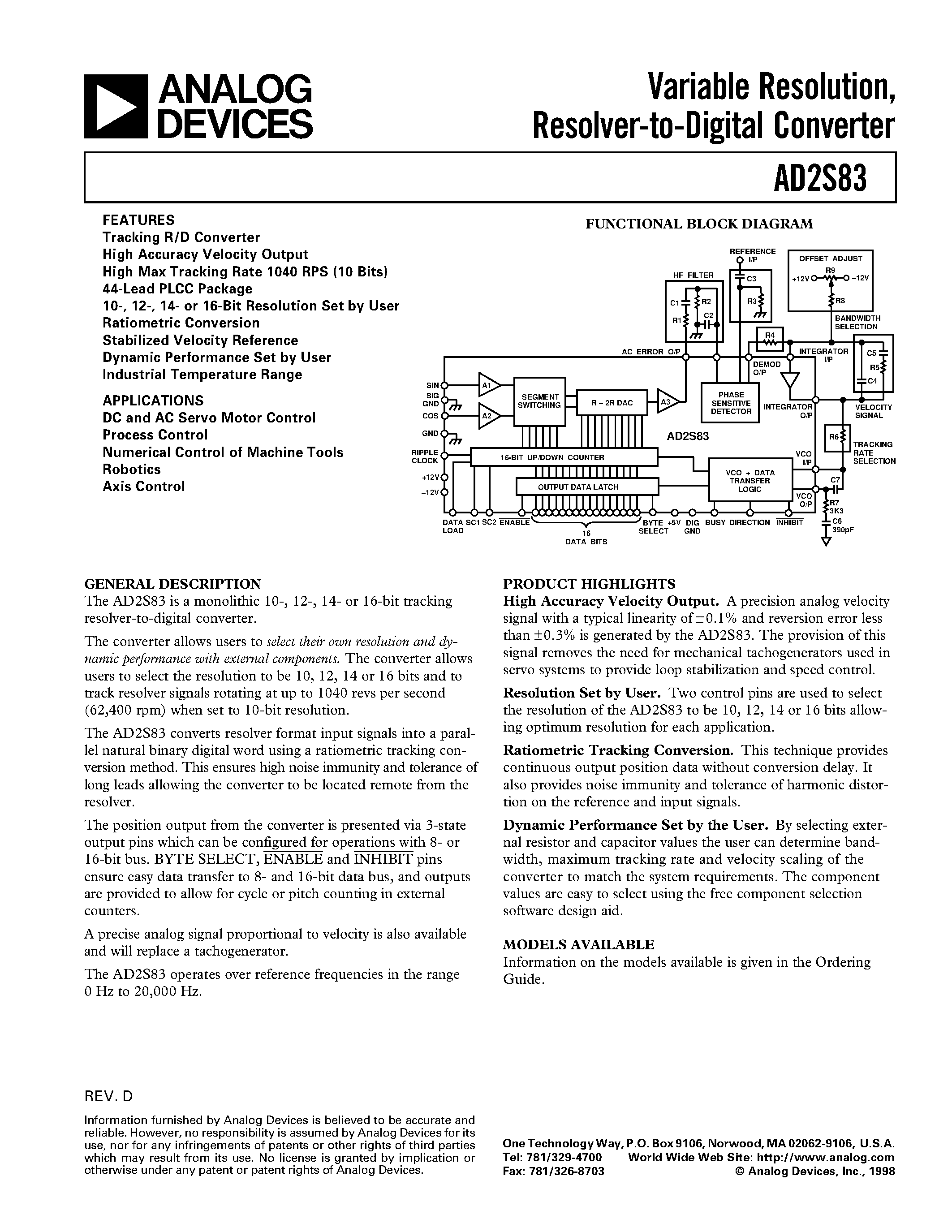 Datasheet AD2S83 - Variable Resolution/ Resolver-to-Digital Converter page 1