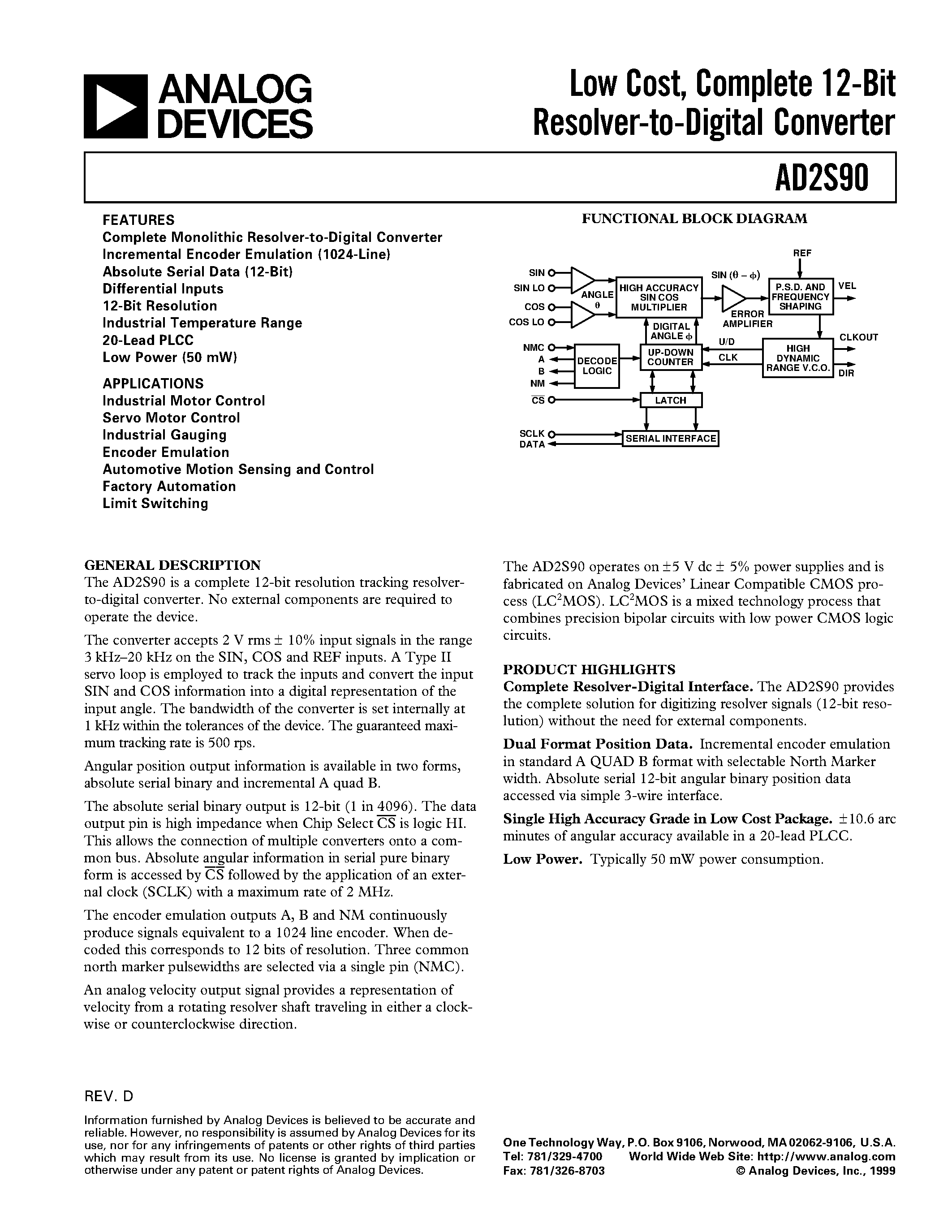 Datasheet AD2S90 - Low Cost/ Complete 12-Bit Resolver-to-Digital Converter page 1