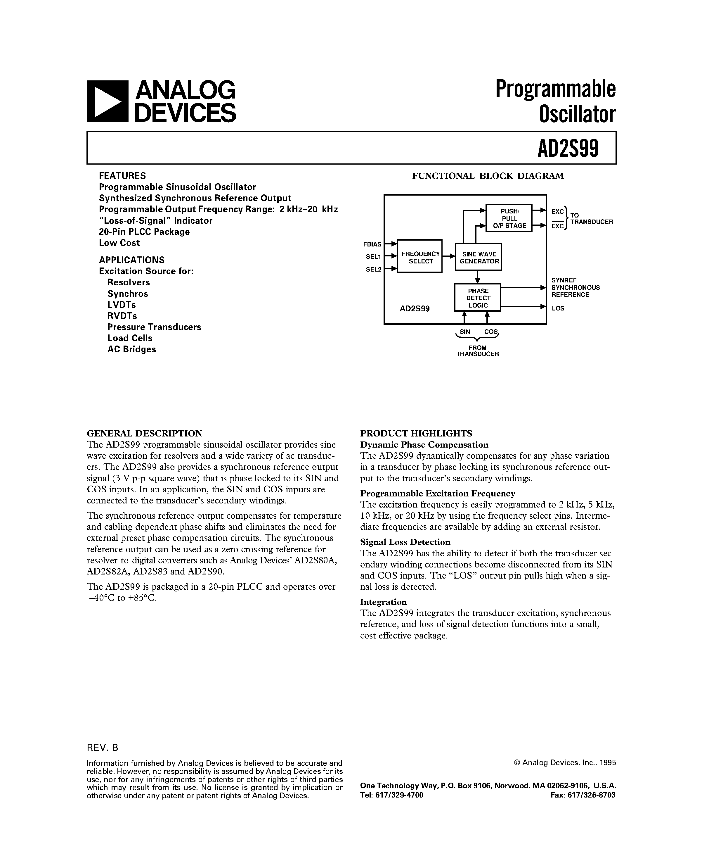 Даташит AD2S99BP - Programmable Oscillator страница 1