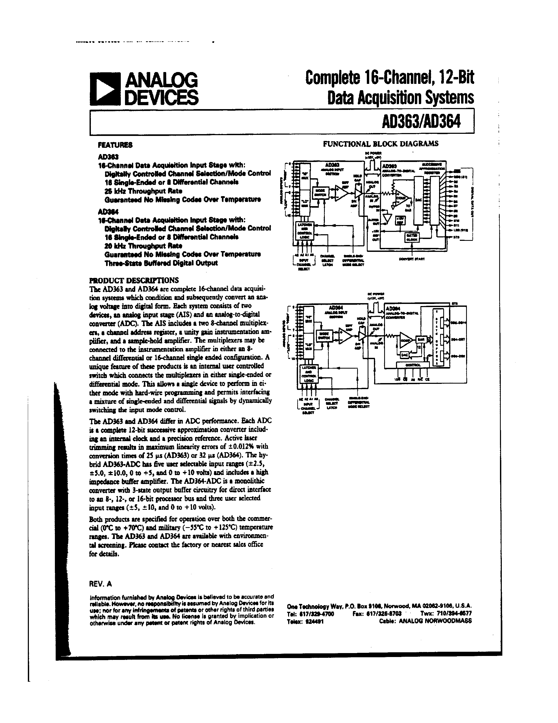 Datasheet AD364RK - Complete 16-Channel/12-Bit Data Acquisition System page 1