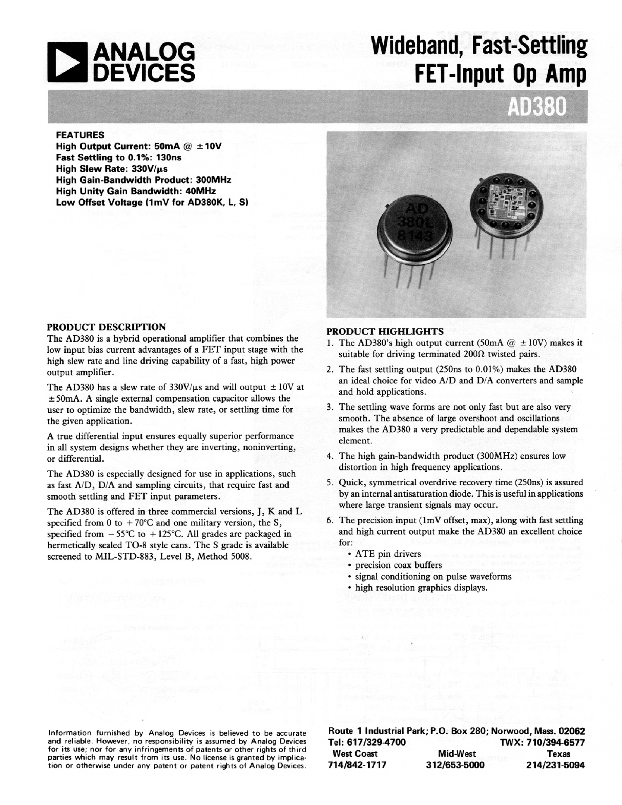 Datasheet AD380 - WIDEBAND/ FAST-SETTING FET-INPUT OP AMP page 1