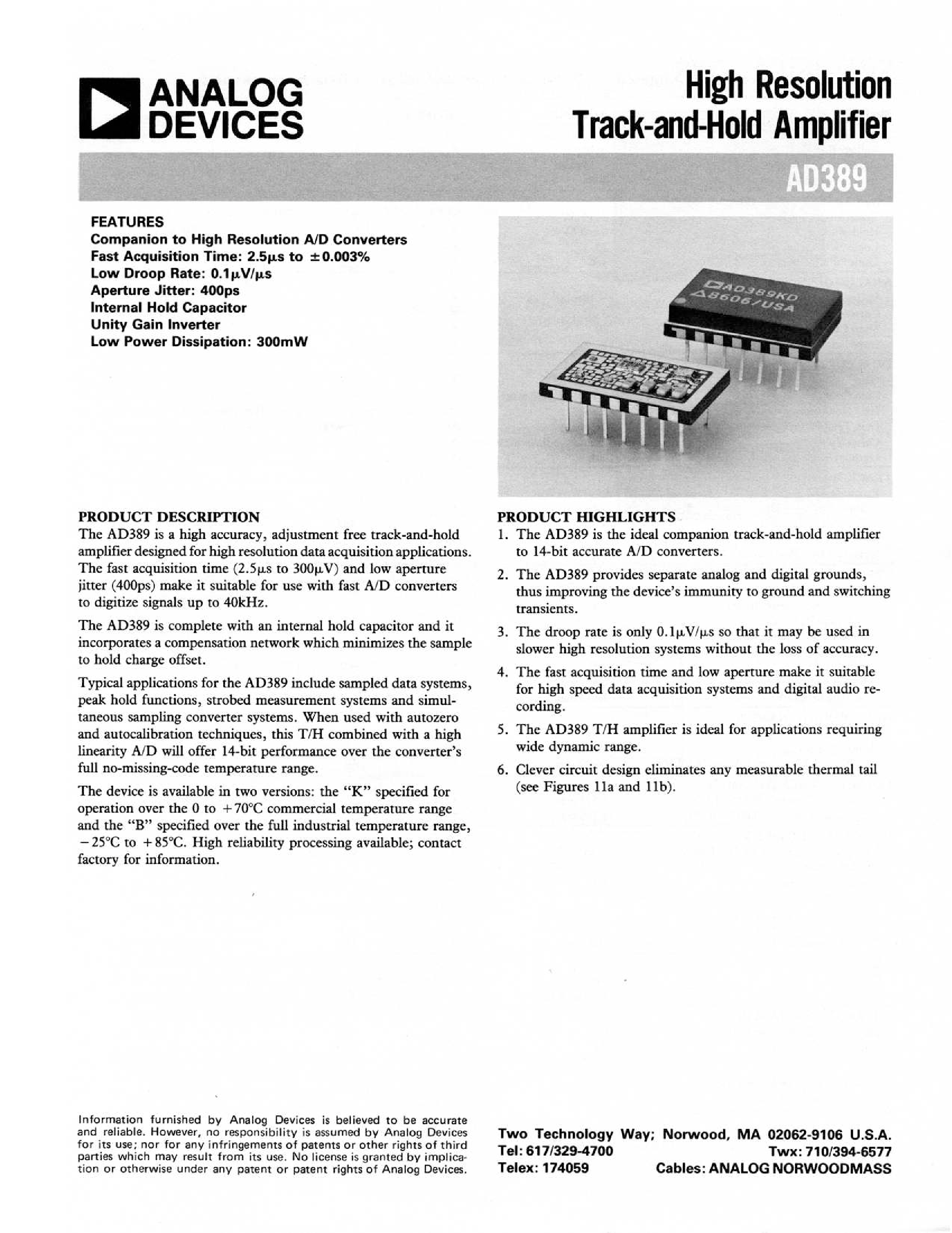Datasheet AD389BD - HIGH RESOLUTION TRACK-AND-HOLD AMPLIFIER page 1