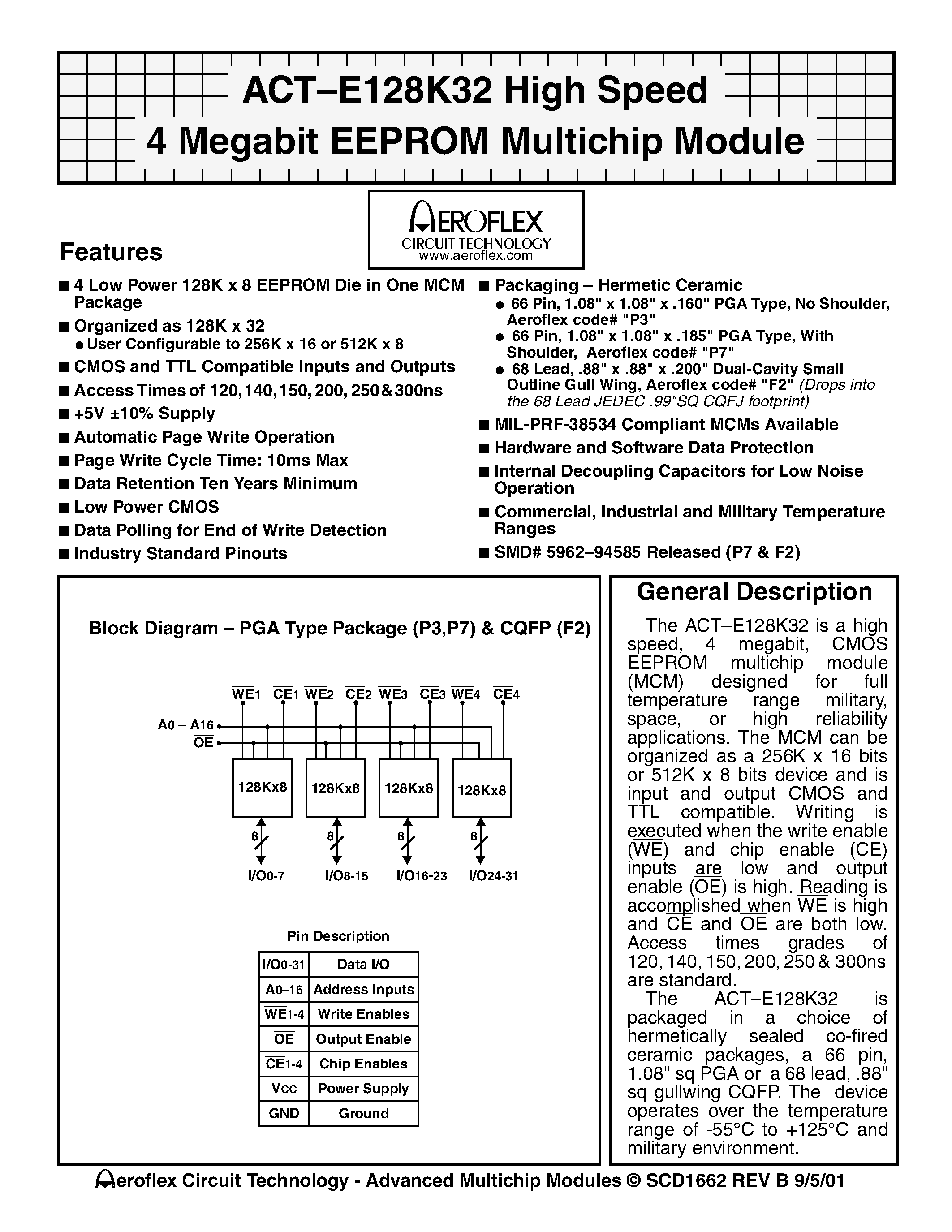 Даташит ACT-E128K32C-150P3I - ACT-E128K32 High Speed 4 Megabit EEPROM Multichip Module страница 1