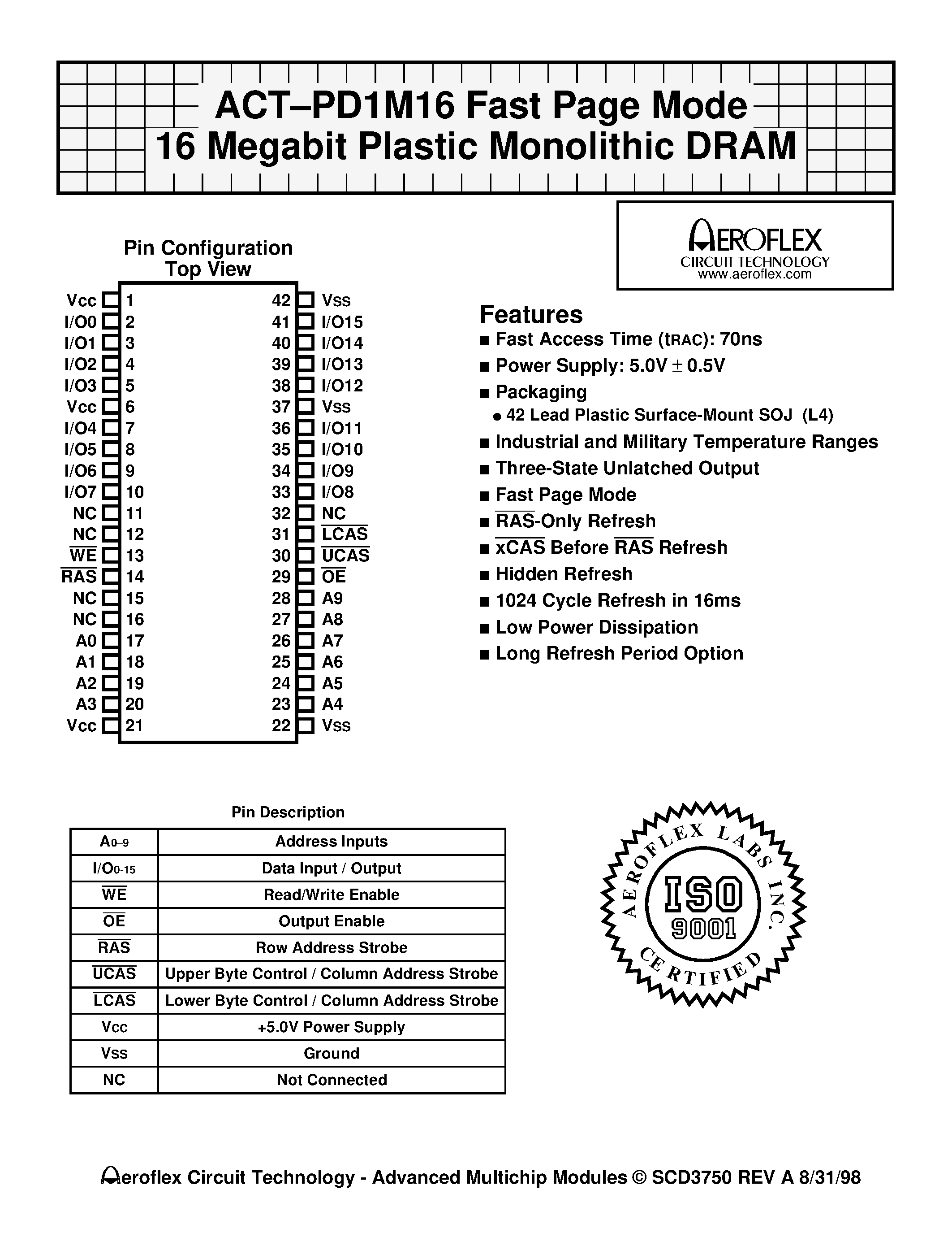 Datasheet ACT-PD1M16N-070L4I - ACT-PD1M16 Fast Page Mode 16 Megabit Plastic Monolithic DRAM page 1