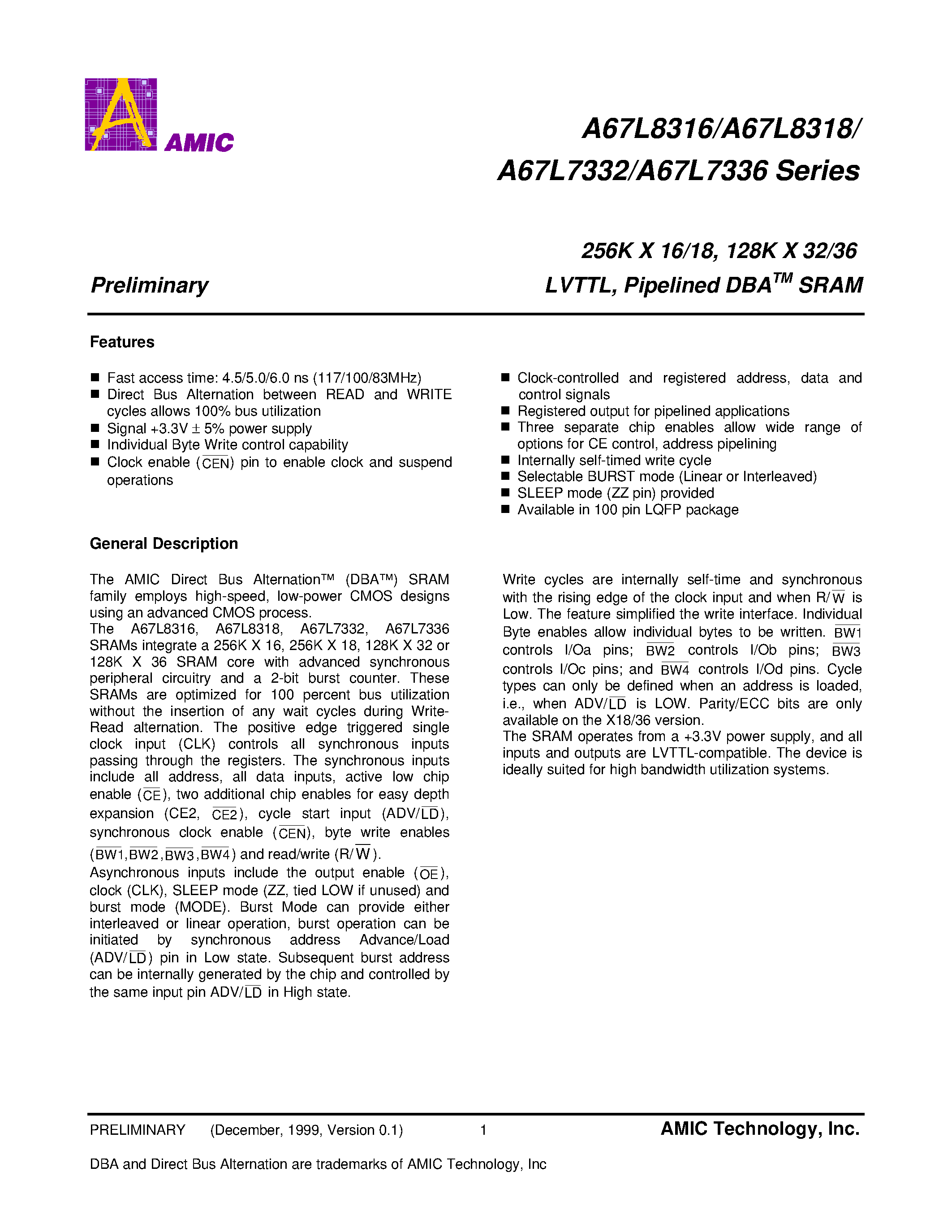 Datasheet A67L7332E-6 - 256K X 16/18/ 128K X 32/36 LVTTL/ Pipelined DBA SRAM page 2