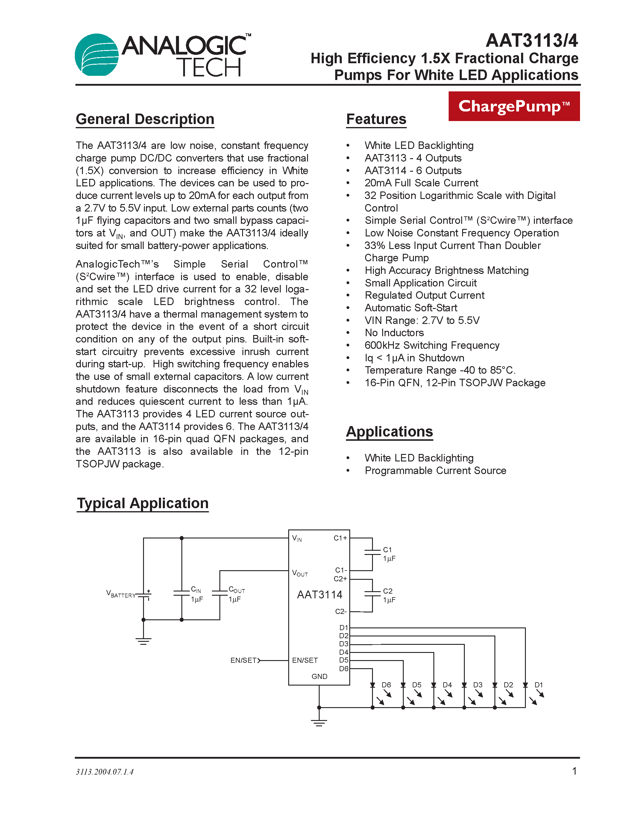 Datasheet AAT3114ISN-20-T1 - High Efficiency 1.5X Fractional Charge Pumps For White LED Applications page 1