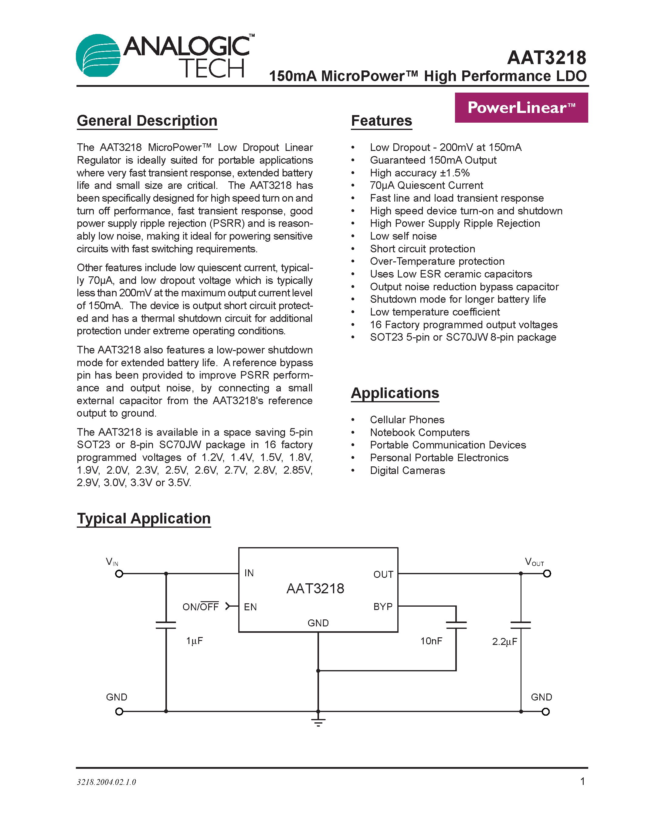 Даташит AAT3218IGV-1.9-T1 - 150mA MicroPower High Performance LDO страница 1